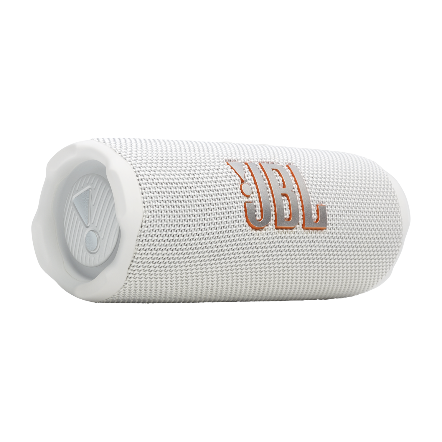Haut-parleur JBL blanc. Il est de forme cylindrique, avec une surface en mesh et le logo JBL.