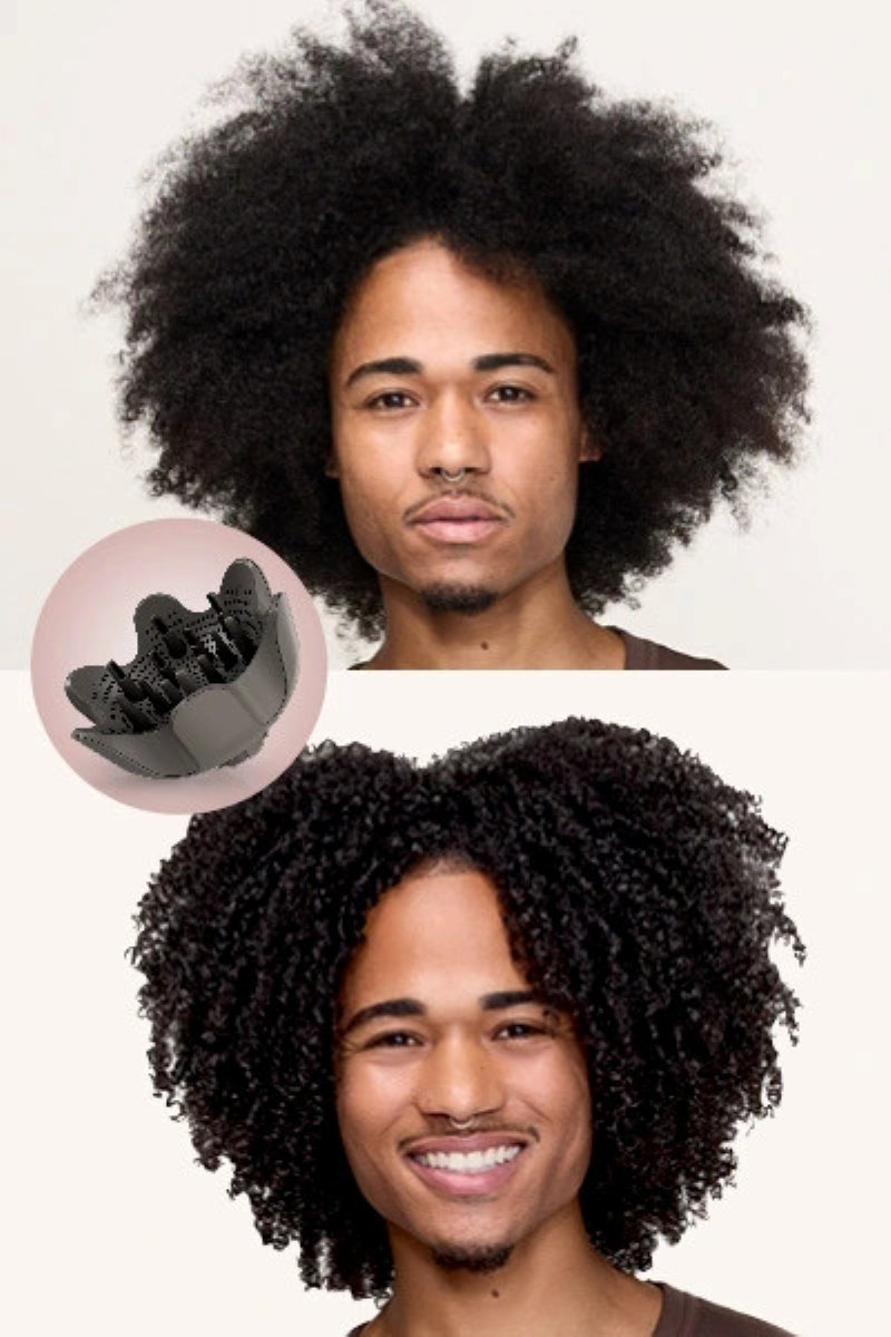 Mężczyzna z dużą afro. Zdjęcie pokazuje tego samego mężczyznę z wystylizowanymi lokami i dyfuzorem.