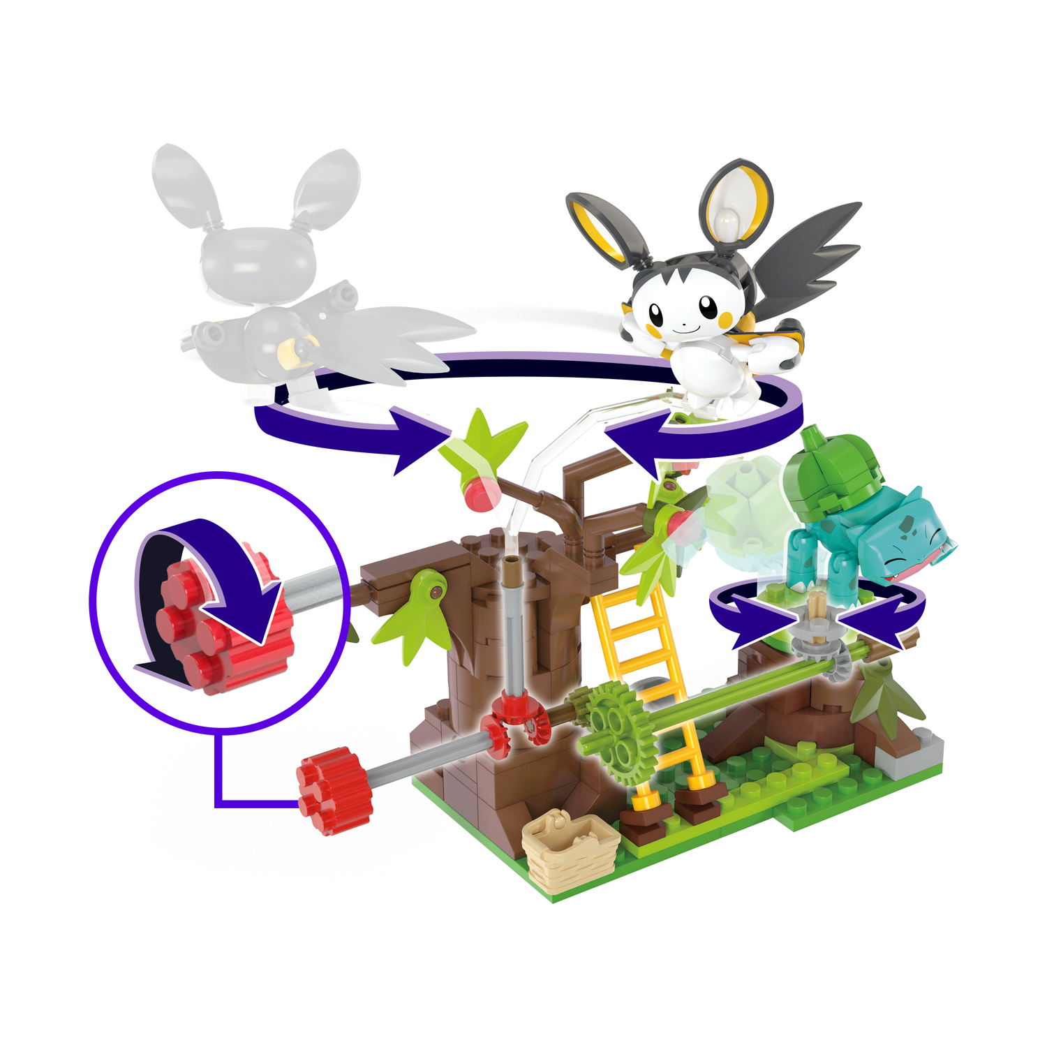 Set di giocattoli di una scena di cartoni animati. Include figure, alberi e un'azione rotante.