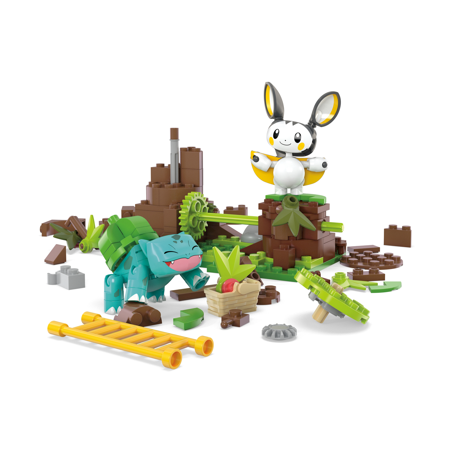 Un colorato set LEGO con personaggi Pokémon e un paesaggio. Sono presenti vari elementi.