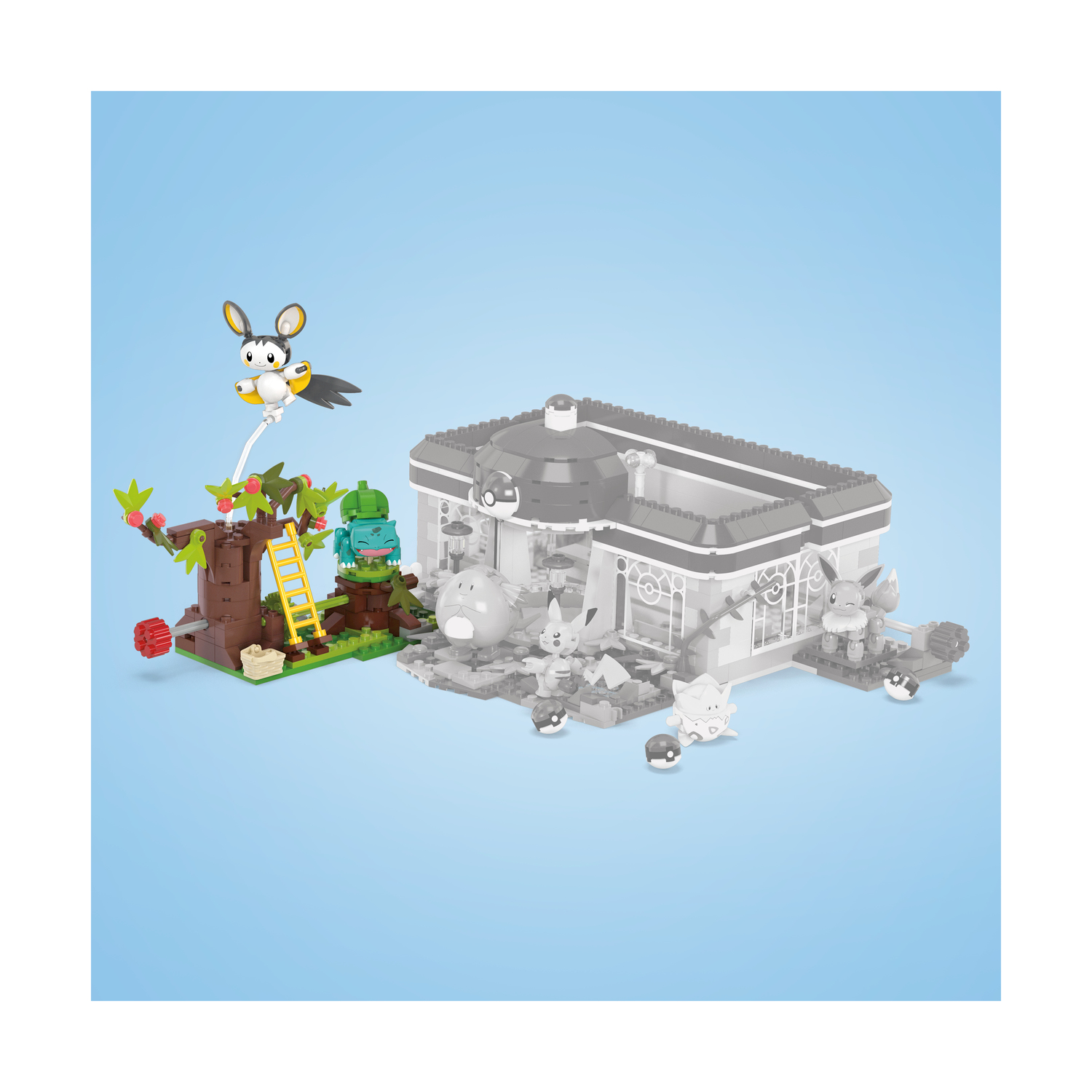 Set in stile Lego con personaggi Pokémon. Edificio parzialmente costruito con sfondo blu.