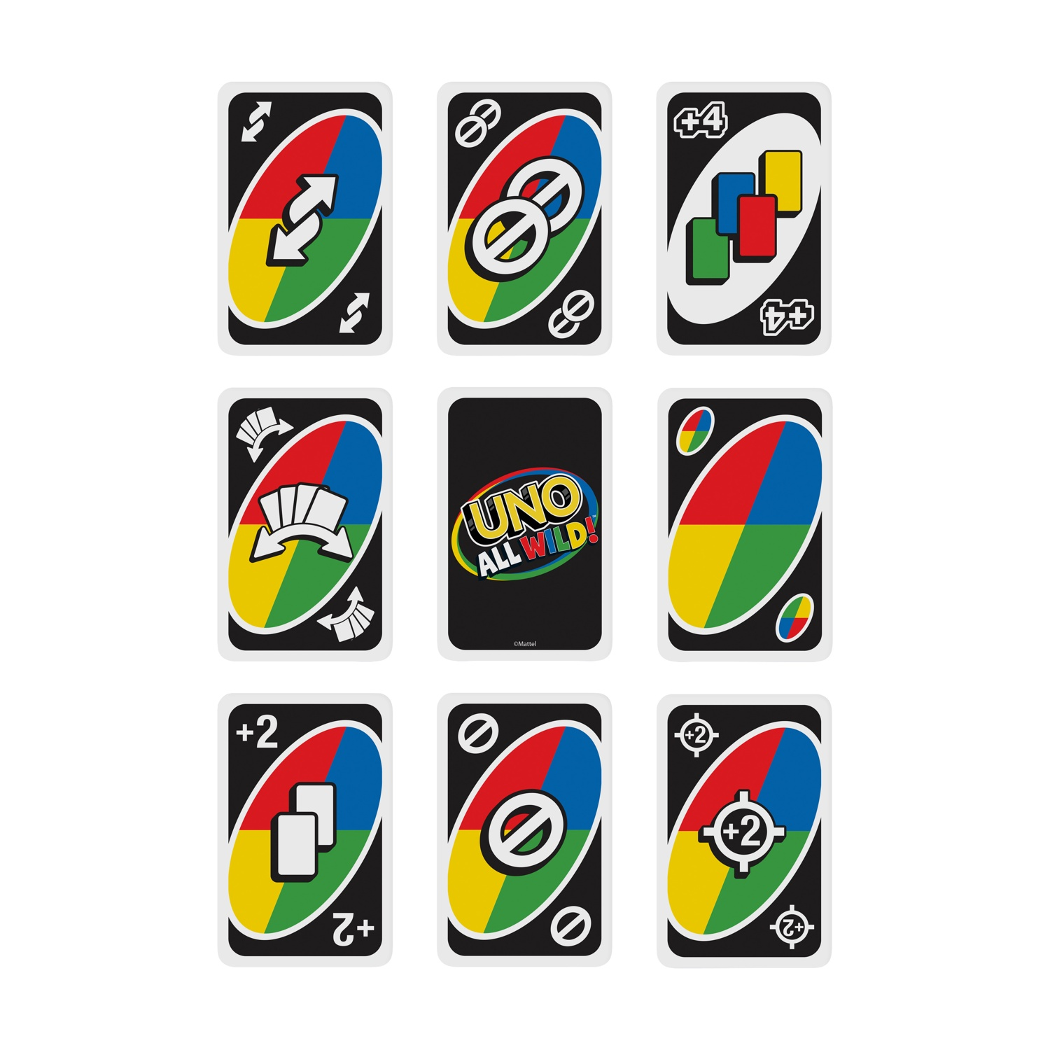 Nove carte UNO: inversione, salta, +4, salta, jolly, cambio colore, +2, salta e +2 carte sono mostrate.