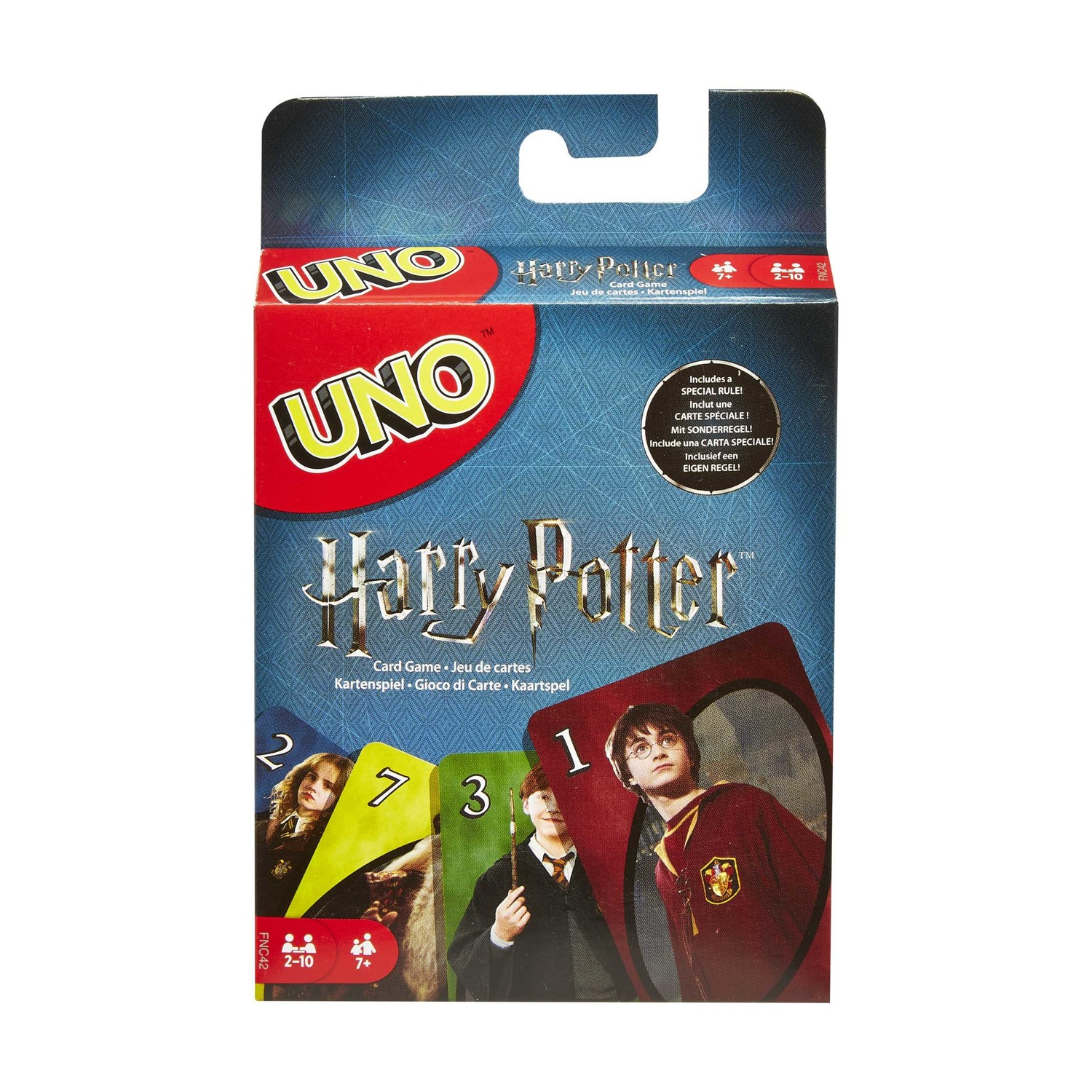 Scatola del gioco di carte UNO Harry Potter con personaggi di Harry Potter.