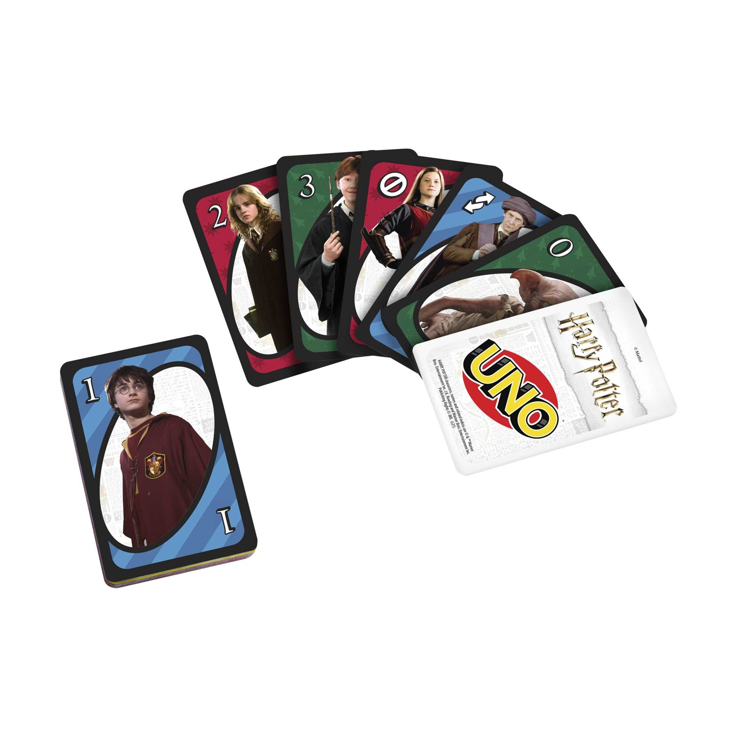 Un gioco di carte UNO di Harry Potter. Le carte mostrano i personaggi e il logo UNO.