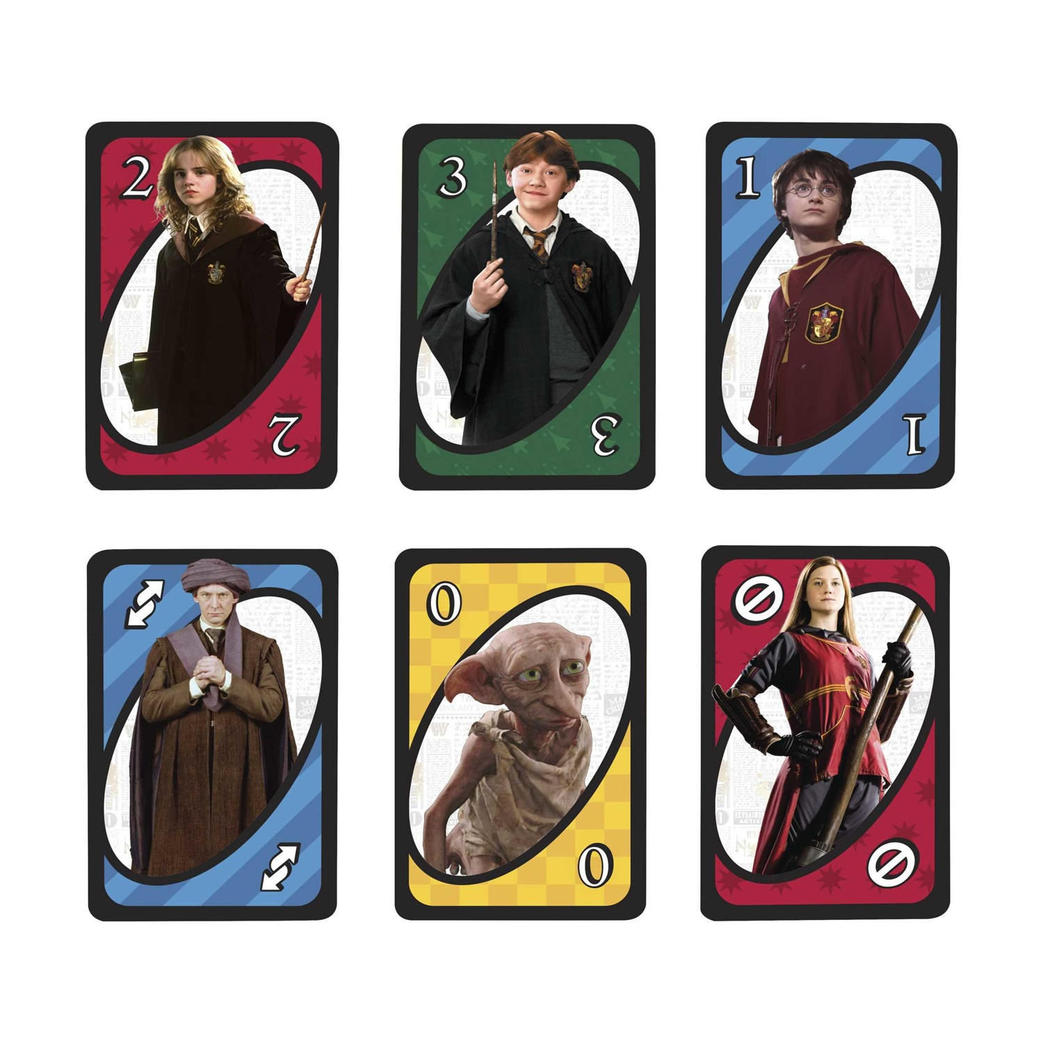 Carte Uno Harry Potter con personaggi, ogni carta numerata.