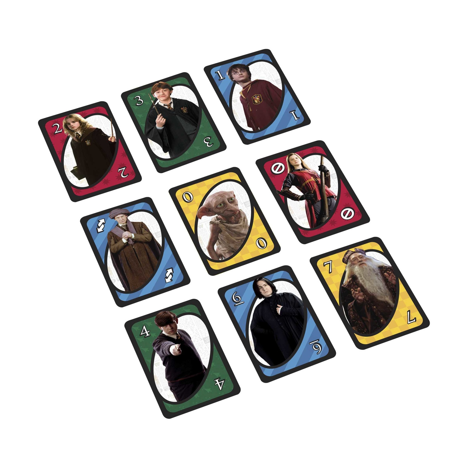 Nove carte di Harry Potter Uno. Ogni carta ha un personaggio e un numero.