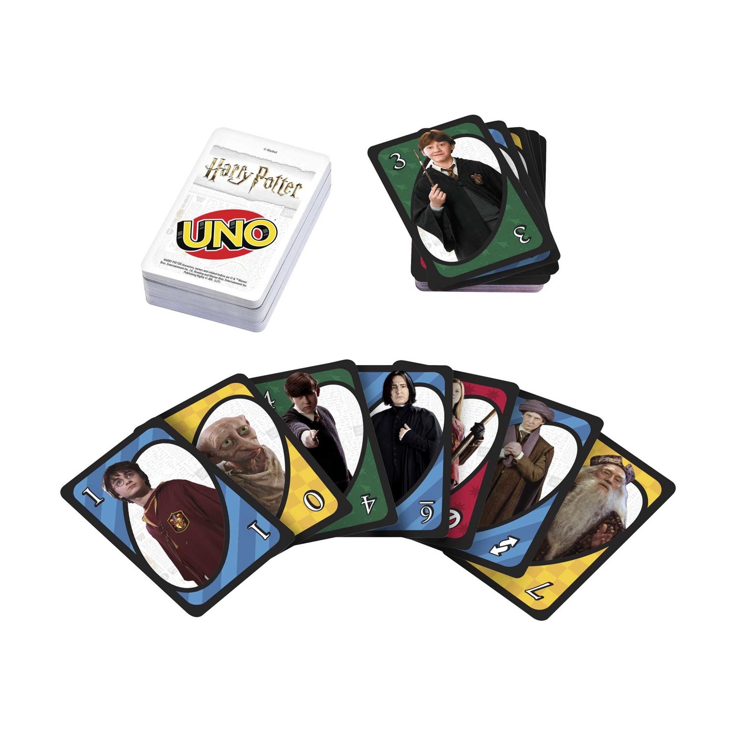 Gioco di carte Uno Harry Potter, con personaggi, un mazzo e carte sparse.
