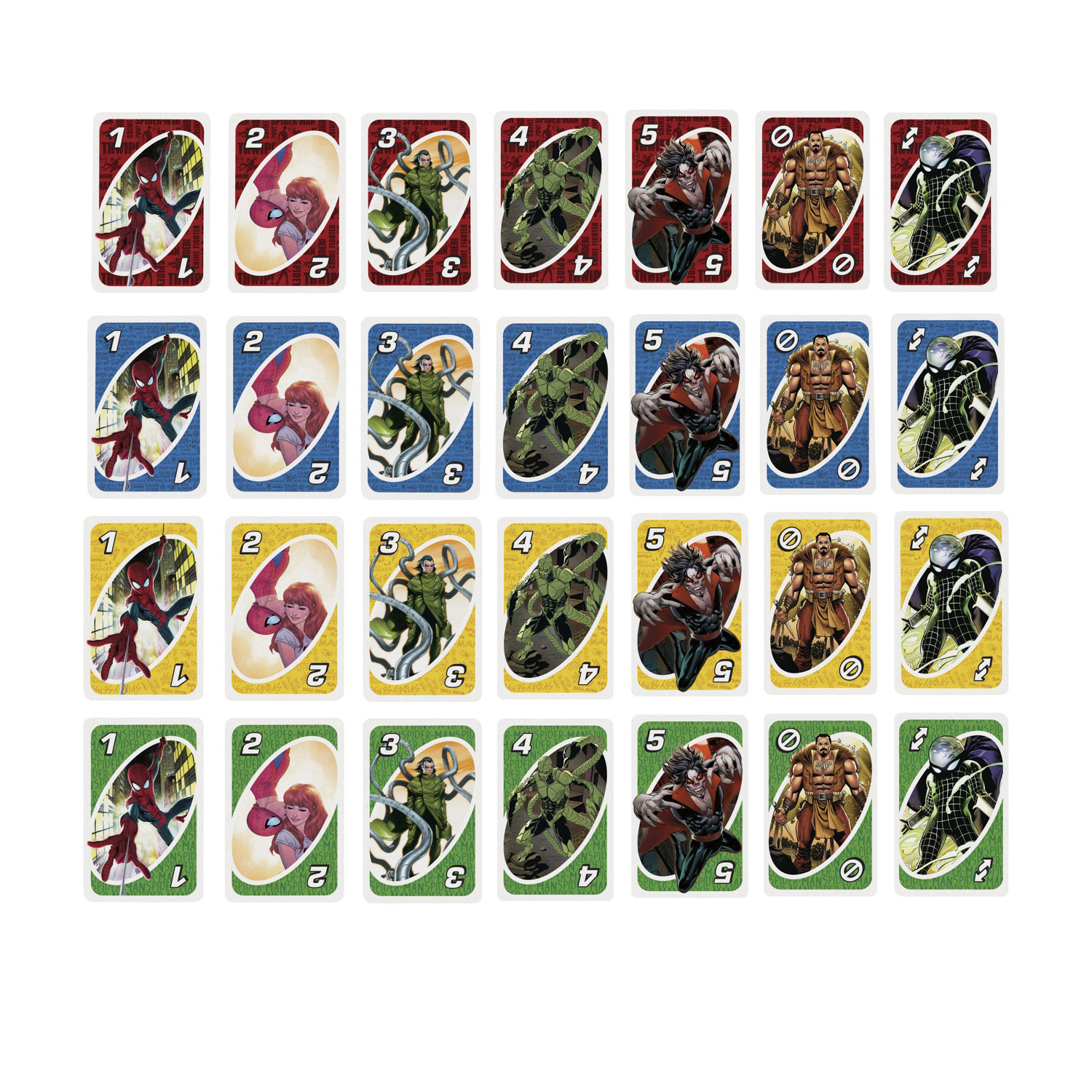 Gioco di carte Uno. Varie carte raffiguranti Spiderman, cattivi e numeri.