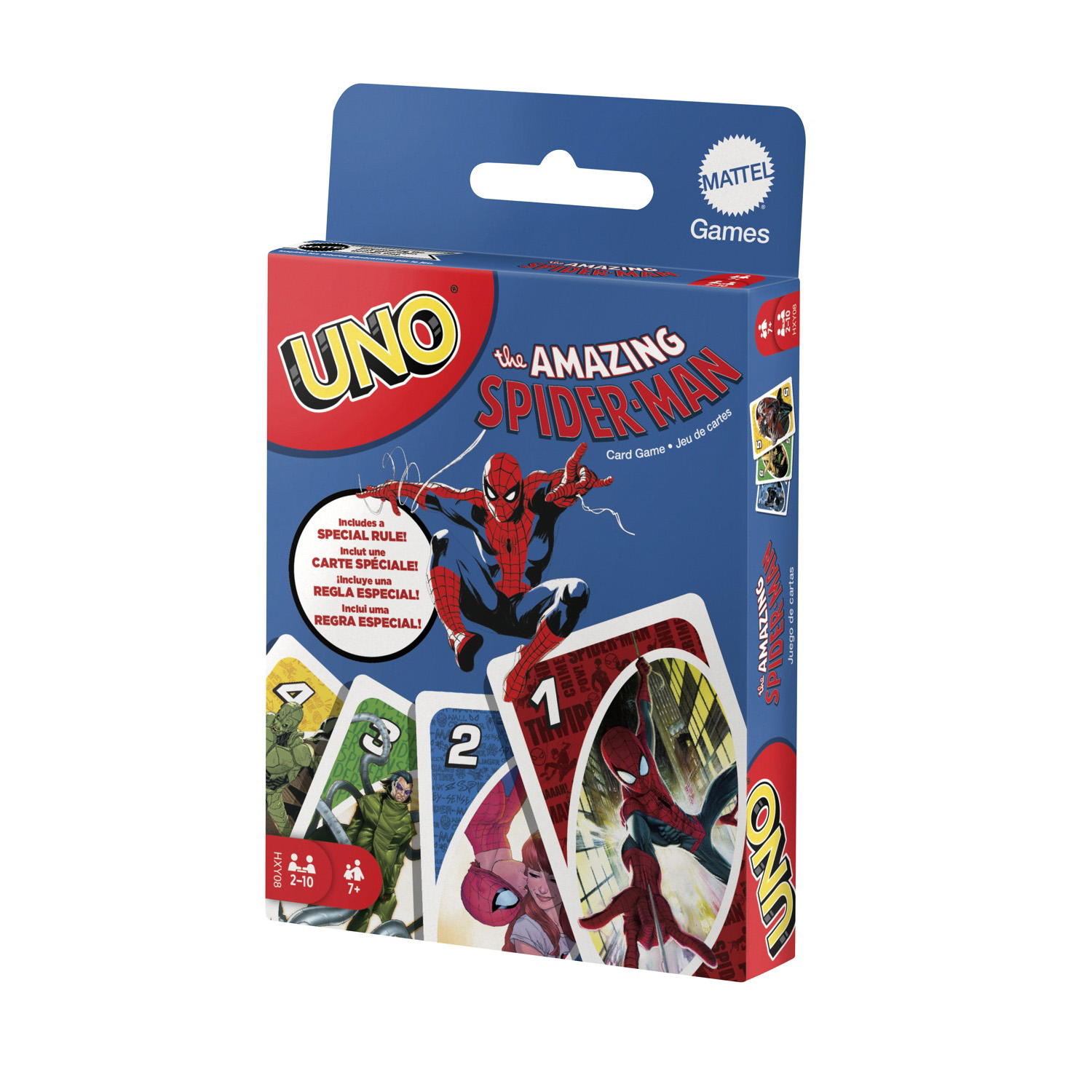 Scatola del gioco di carte Uno The Amazing Spider-Man, con illustrazione di Spider-Man.