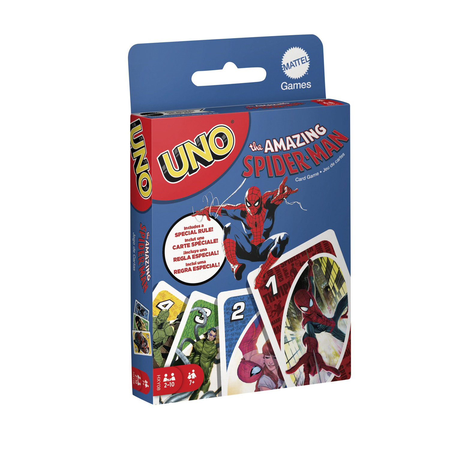 Scatola del gioco di carte UNO con Spider-Man su sfondo blu.