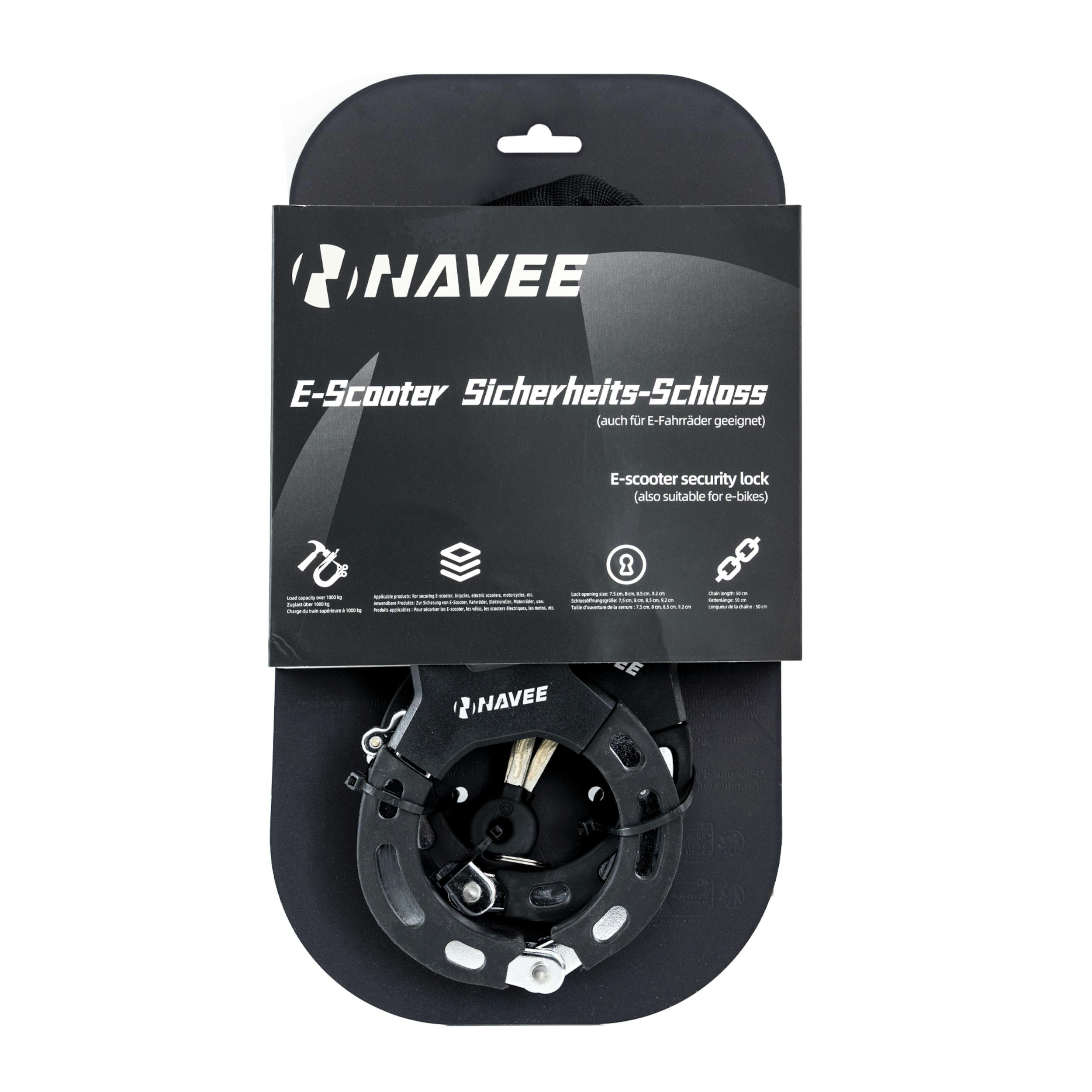 Navee E-Scooter Sicherheitsschloss-Paket. Schwarzes Schloss, Anweisungen und Branding.