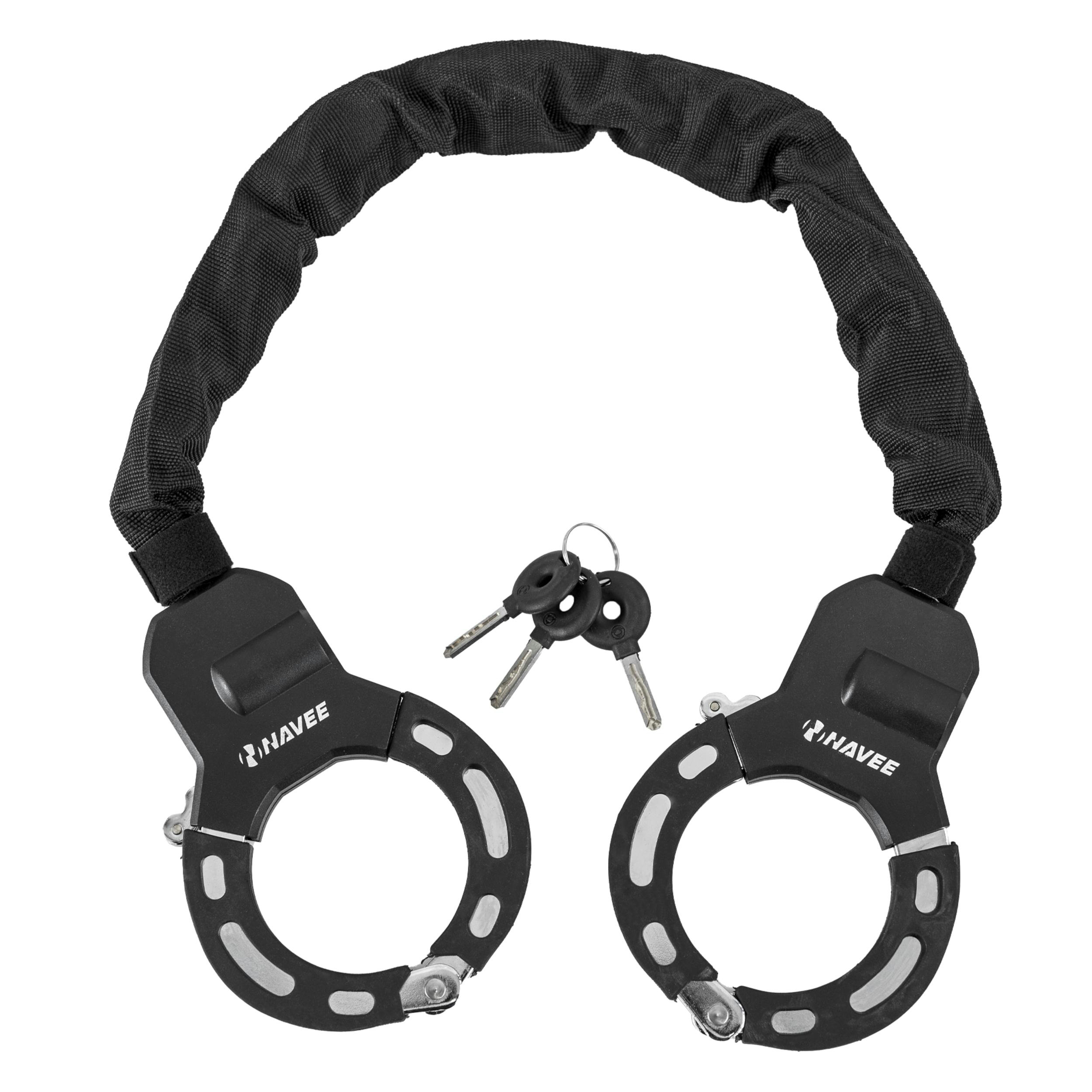 Schwarzes Fahrradschloss mit Schlüsseln, auf weißer Oberfläche.