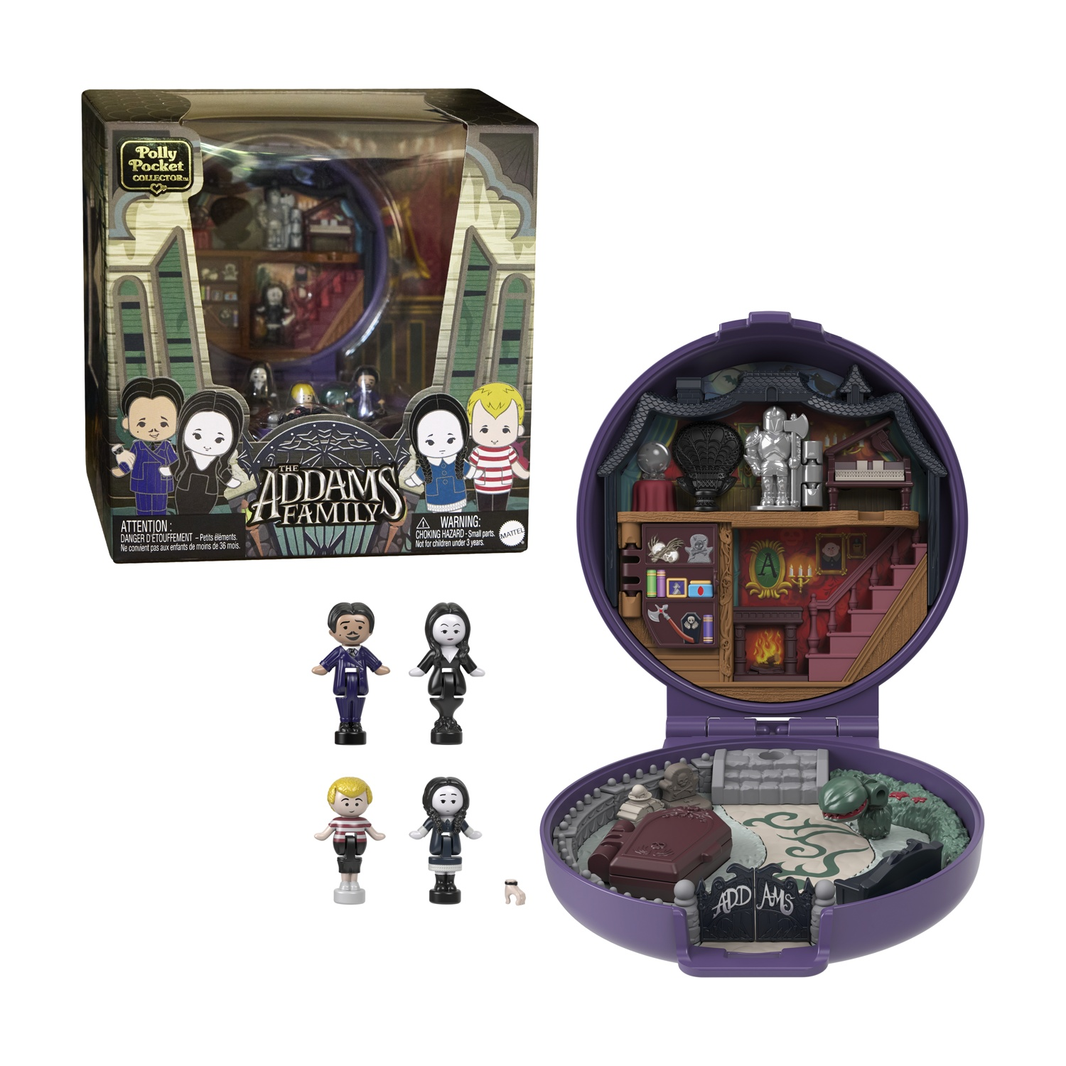 Playset Polly Pocket Addams Family. Viene fornito con personaggi e una casa in miniatura degli Addams.
