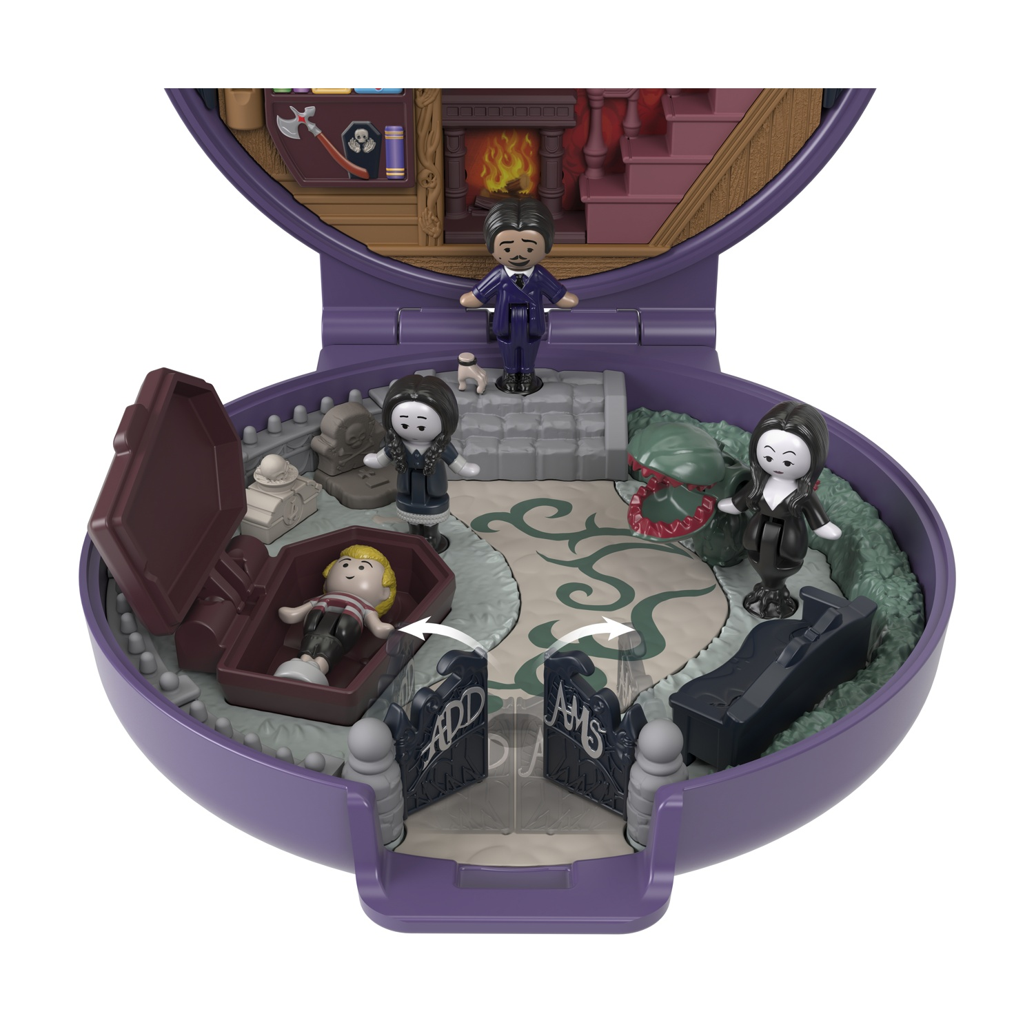 Playset Famiglia Addams aperto, con personaggi e una bara.