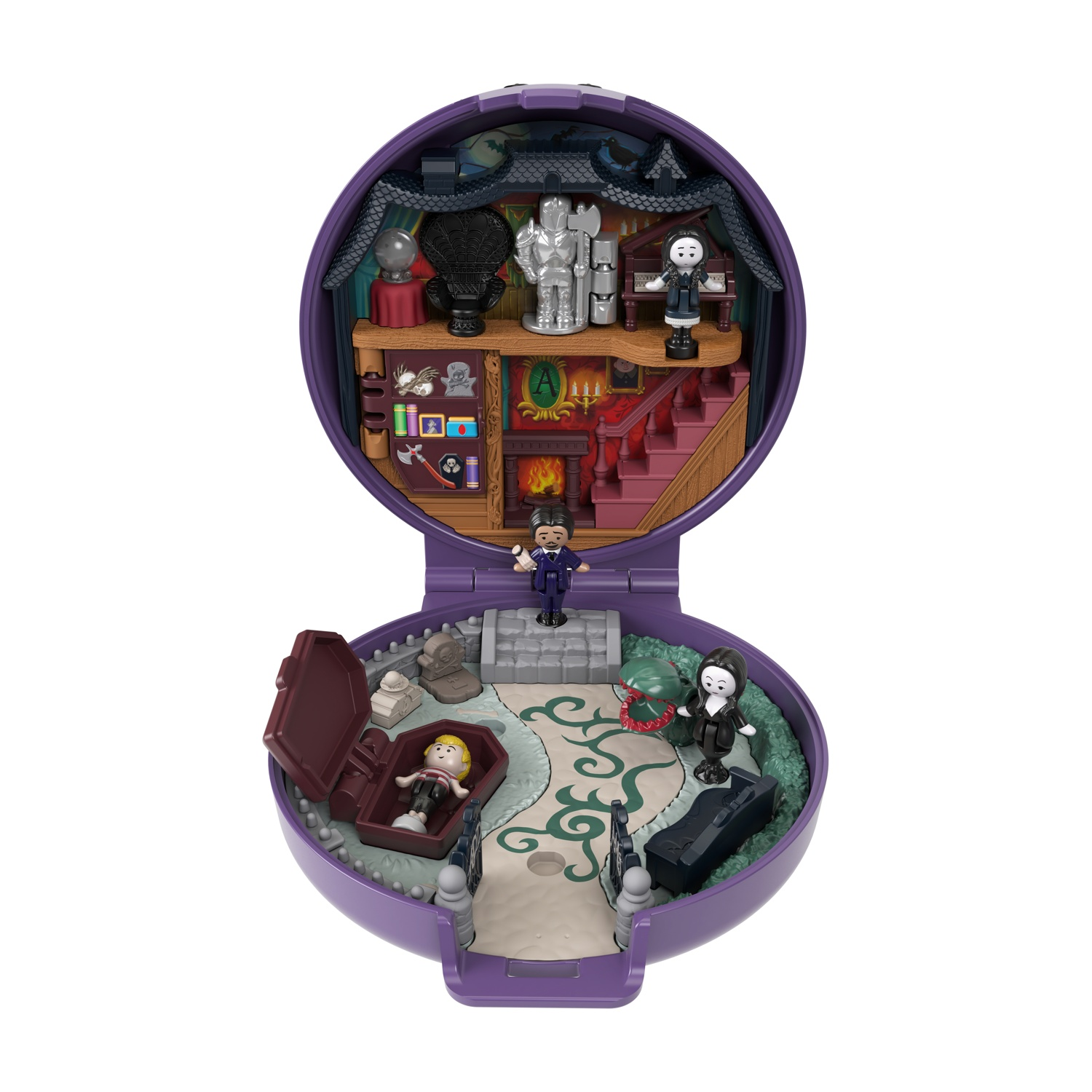 Un giocattolo Polly Pocket viola, aperto, con figure di una famiglia all'interno di una casa infestata.