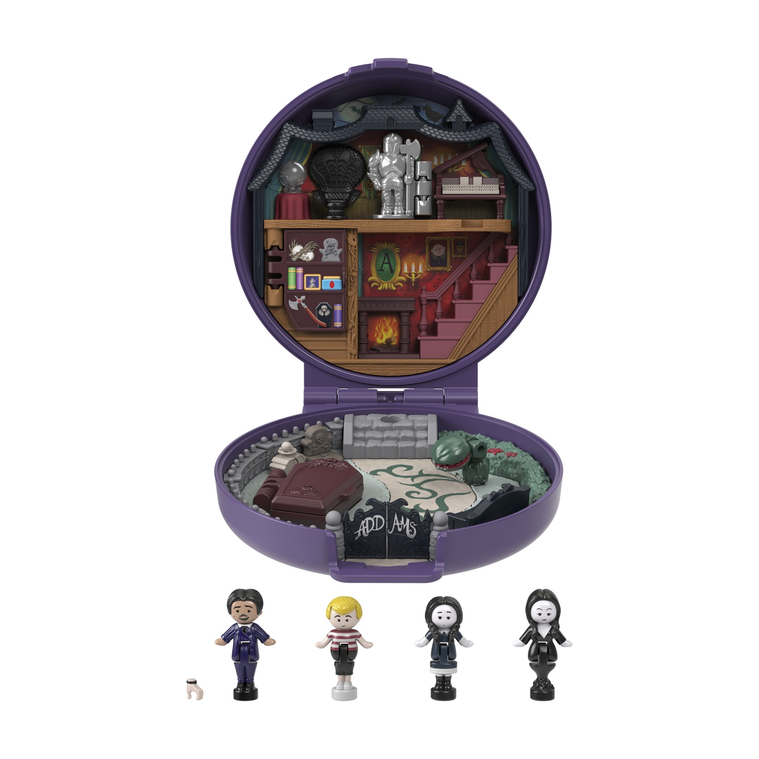 Set di giocattoli della famiglia Addams, aperto, con personaggi e interni dettagliati.