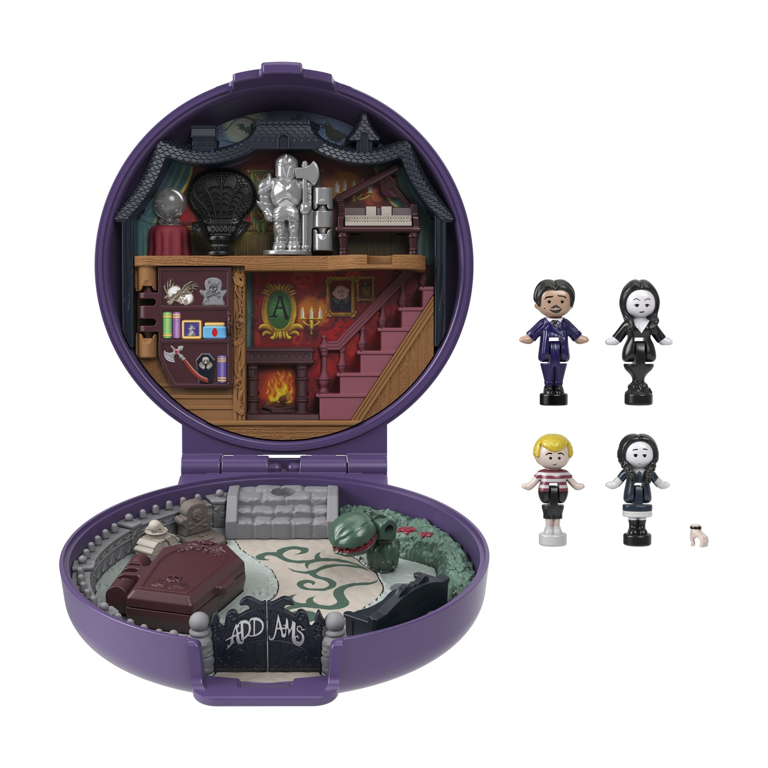 Set di giocattoli della Famiglia Addams. Custodia viola aperta. Figure e dettagli della casa visibili.