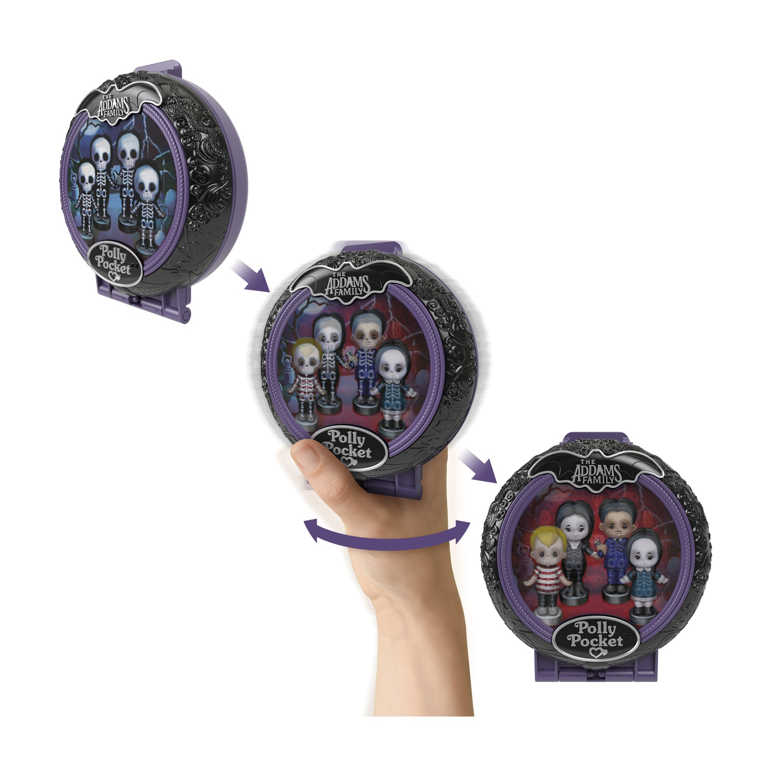 Un set di giocattoli Polly Pocket a tema Famiglia Addams con diverse statuette all'interno, mostrate da diverse angolazioni.