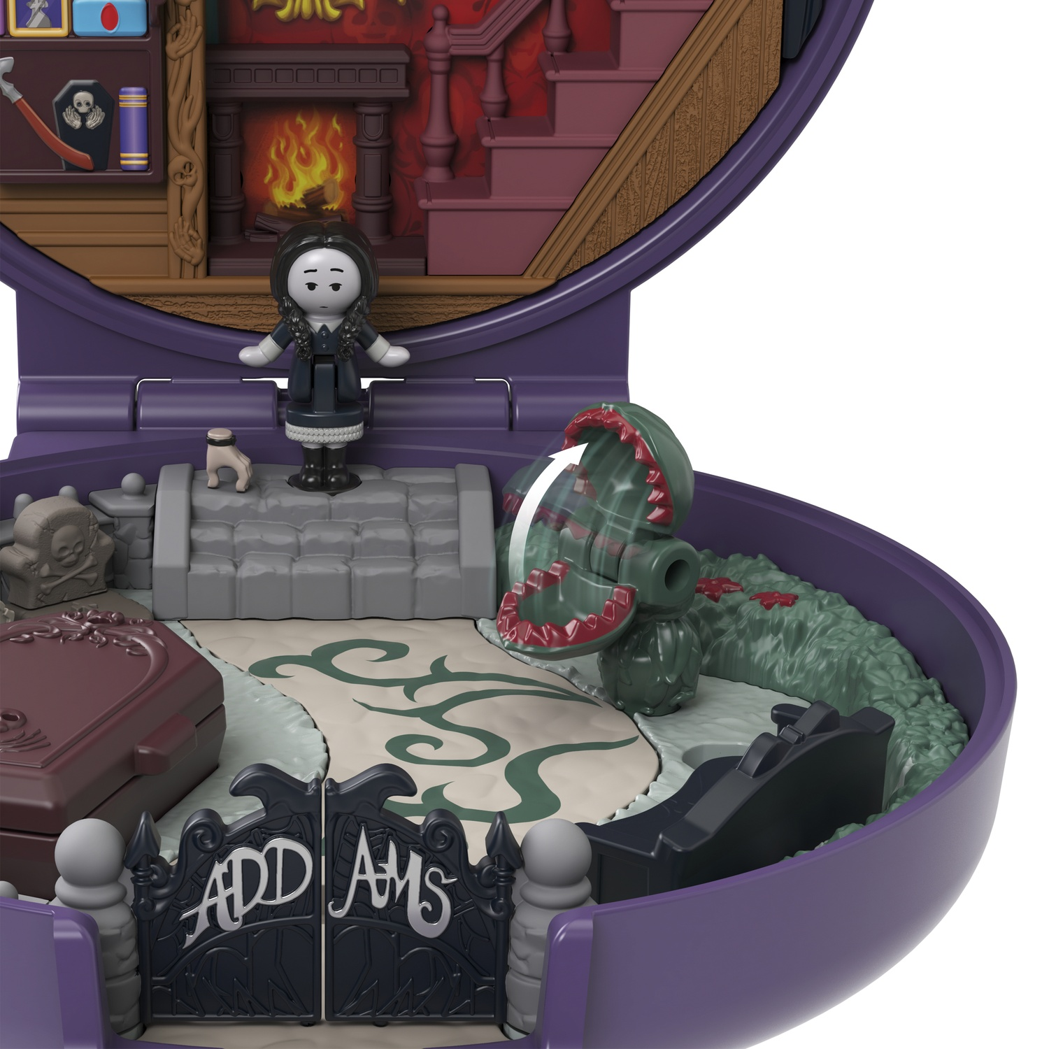 Set Polly Pocket con personaggio di Mercoledì Addams, bara e interno casa spettrale.