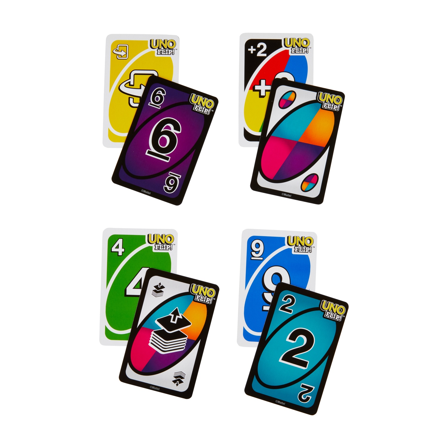 Quattro set di carte Uno, ognuno mostra numeri e colori diversi su sfondo bianco.