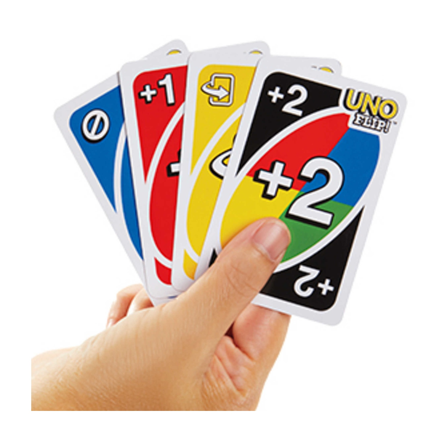 Mano che tiene quattro carte UNO Flip. Ognuna di un colore.