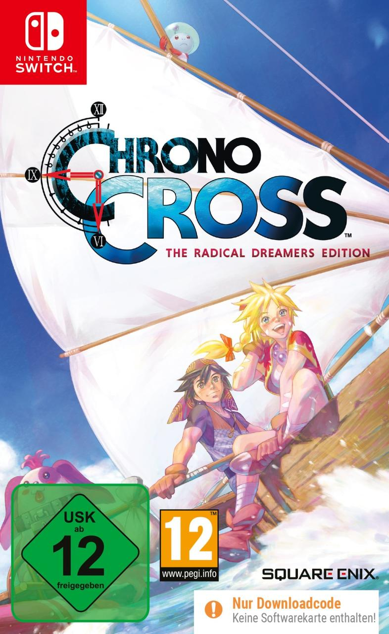 Chrono Cross-Spielecover mit zwei Charakteren auf einem Boot mit weißem Segel. Nintendo Switch-Logo.
