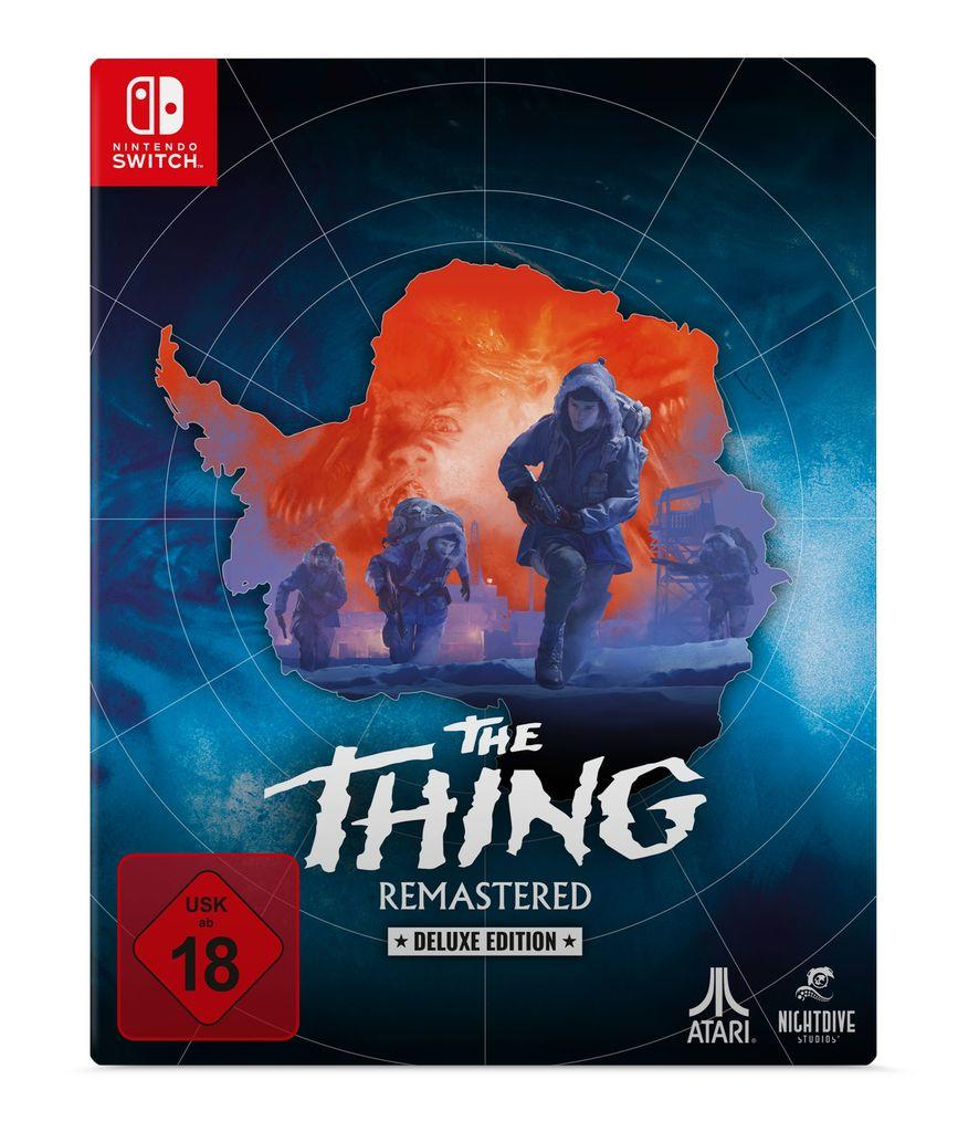 Filmcover mit Figuren in einer schneebedeckten Umgebung. Der Titel lautet 'The Thing'. Das Cover ist dunkelblau.