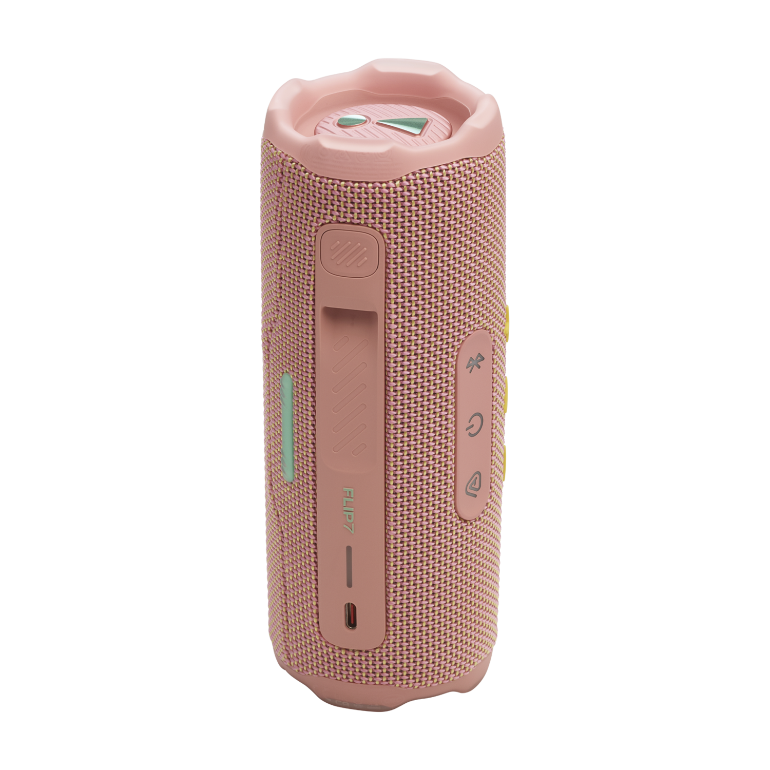 A pink JBL Flip 7 portable speaker stands vertically against a black background with a green accent.
