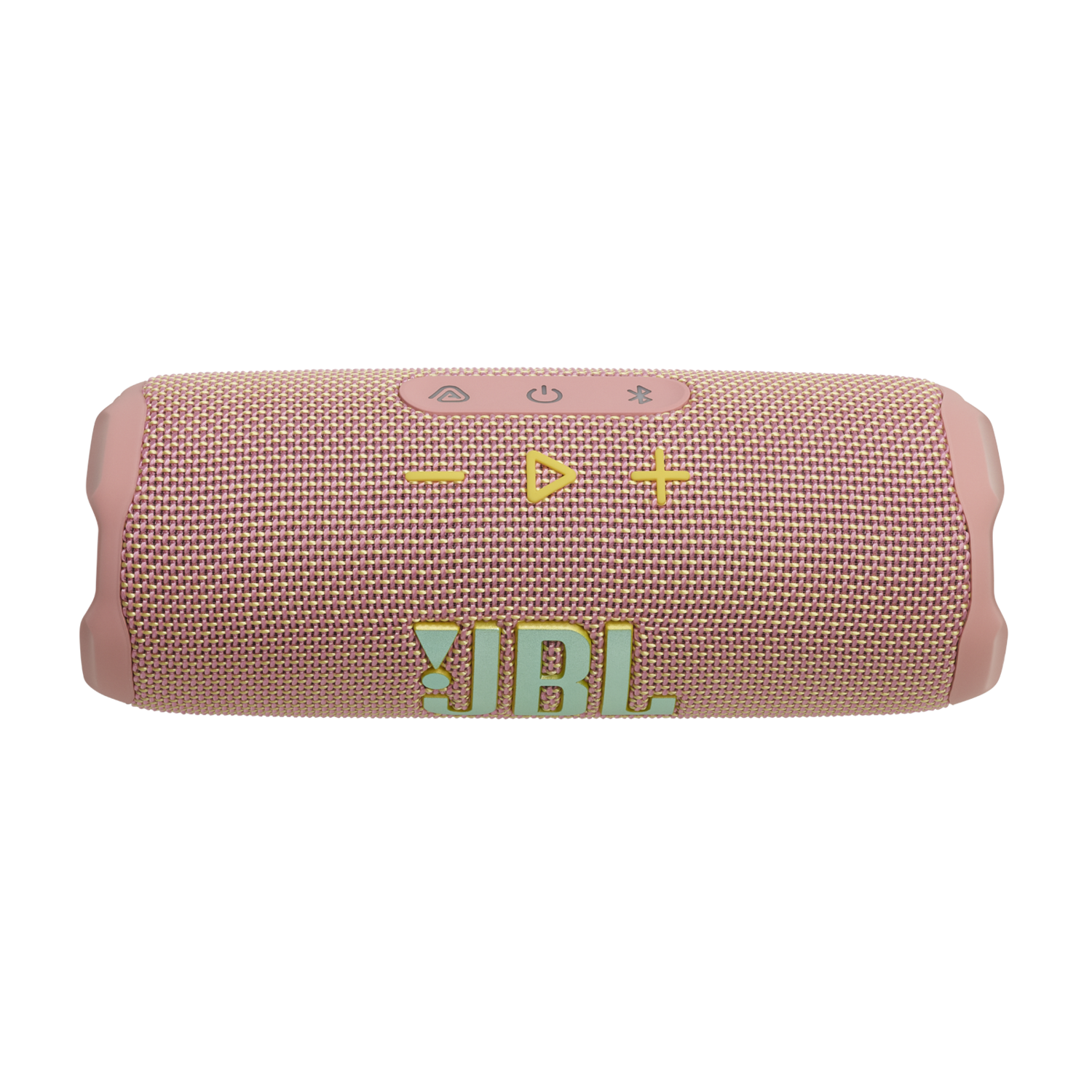Pink and white JBL speaker with control buttons. JBL logo in green.