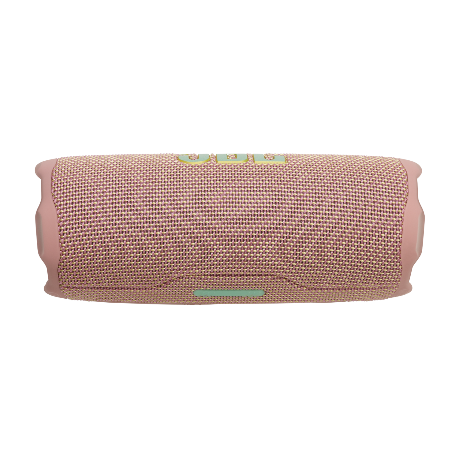 Pink and light blue speaker. The speaker is cylindrical.