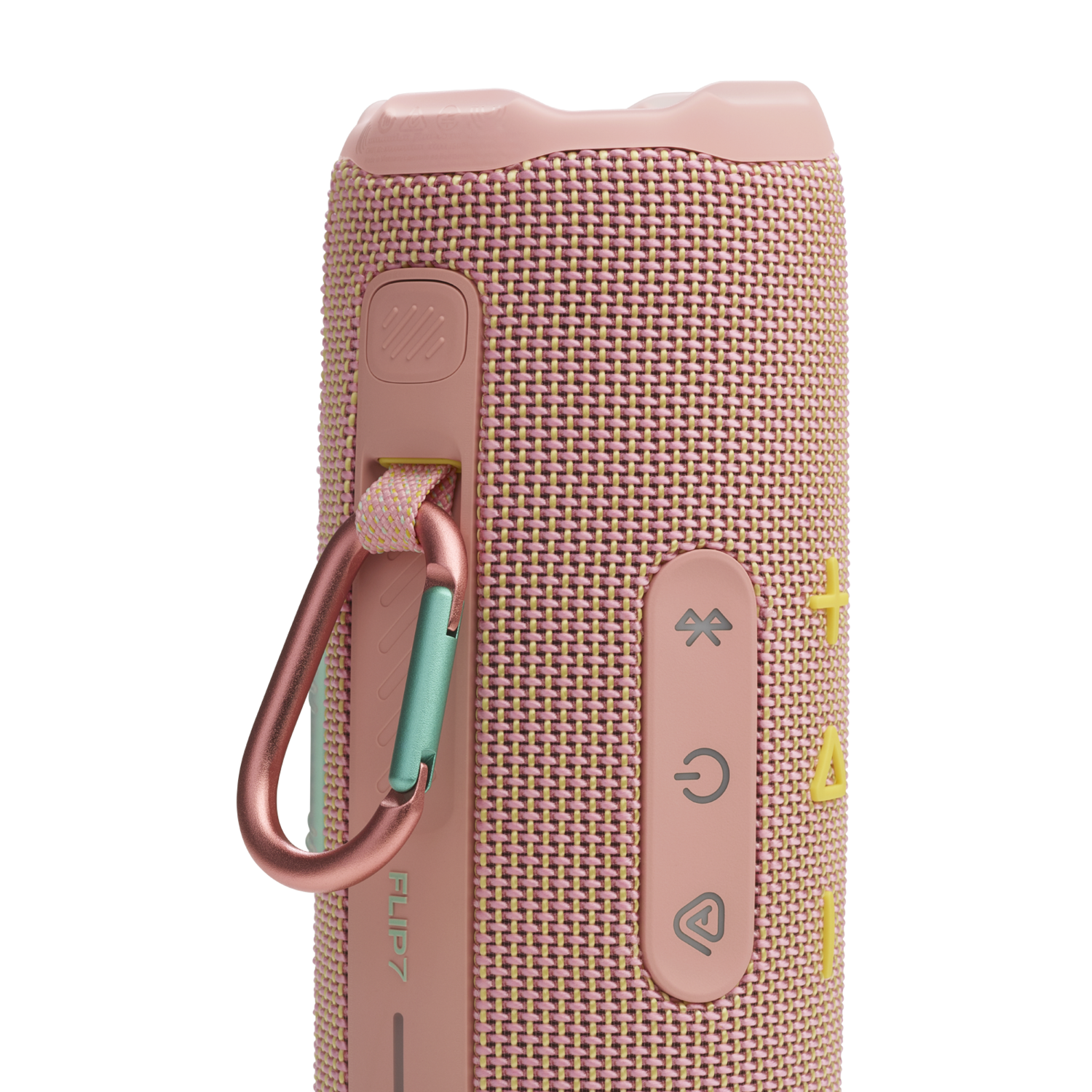 Pink speaker with buttons and a carabiner. The speaker is cylindrical in shape.