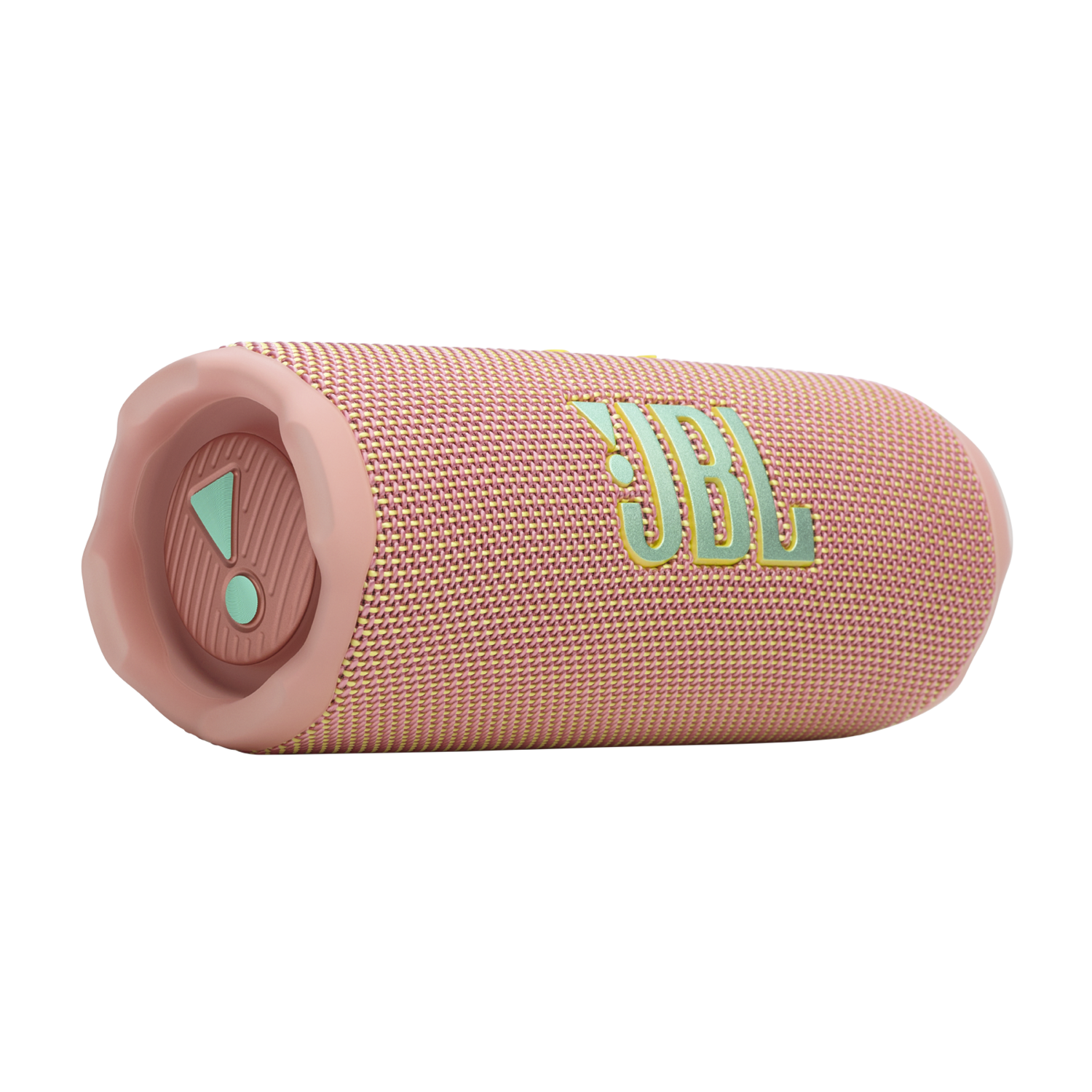A pink speaker has the word JBL in teal, against a black background.
