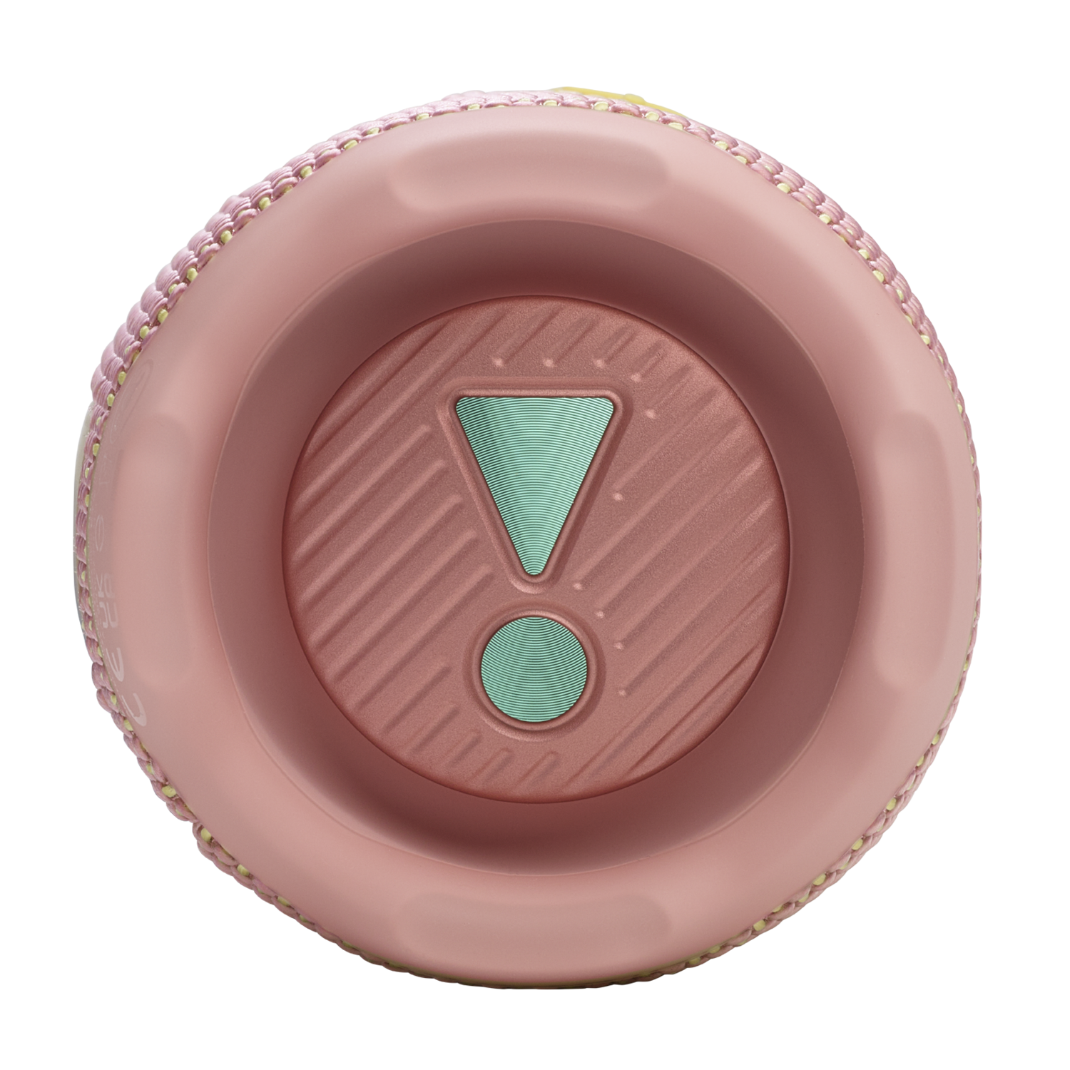 The bottom of a pink JBL speaker with a teal accent and JBL logo.