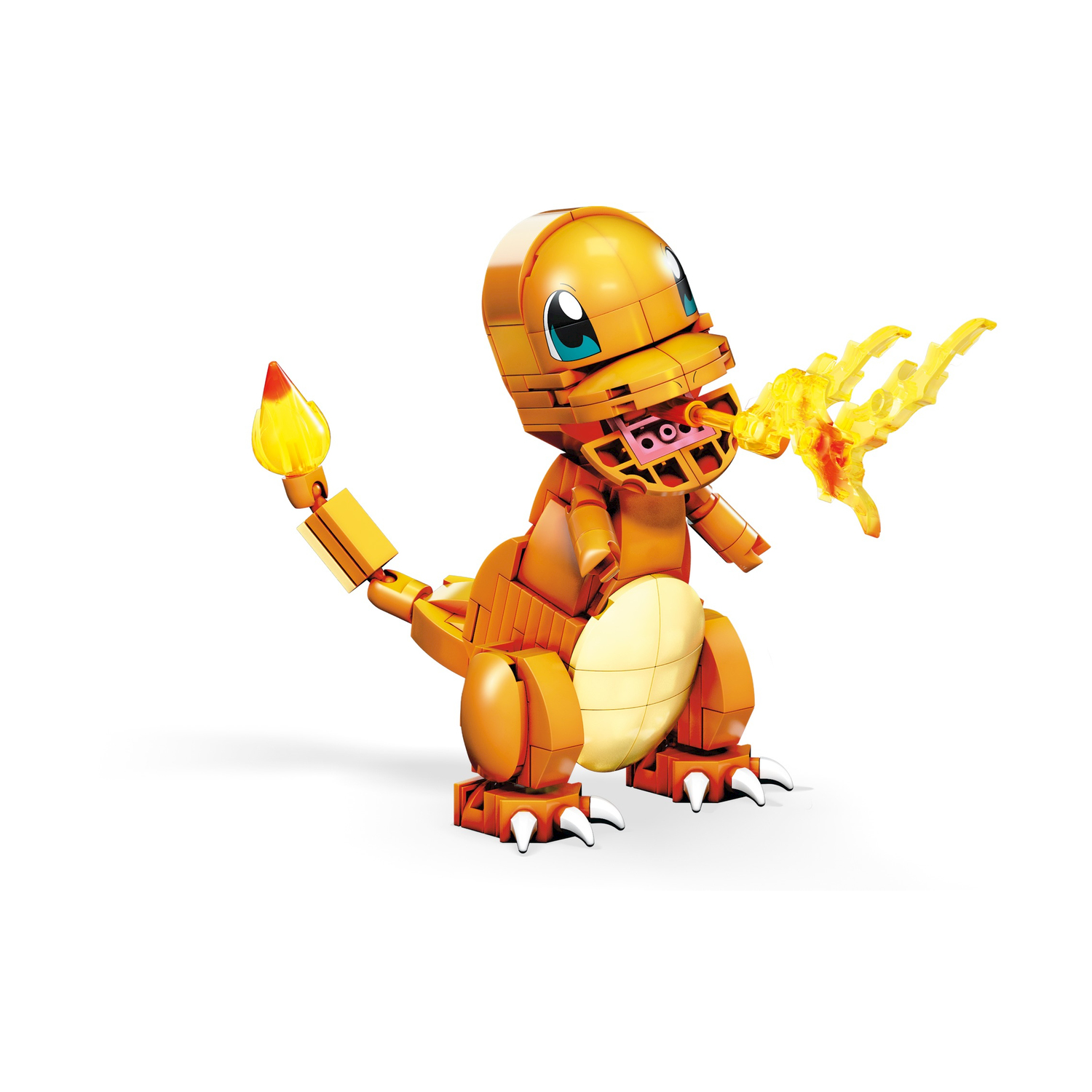Una figura di Charmander Pokemon fatta di mattoncini, con fiamme che escono dalla bocca.