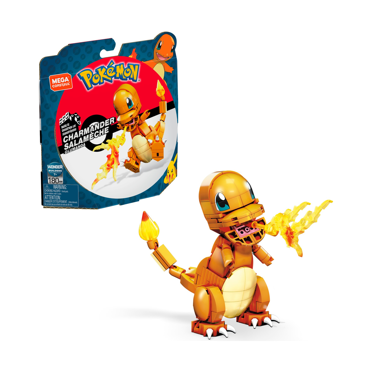 Un giocattolo Lego Charmander con la sua scatola, su sfondo bianco, è presente un effetto fuoco.