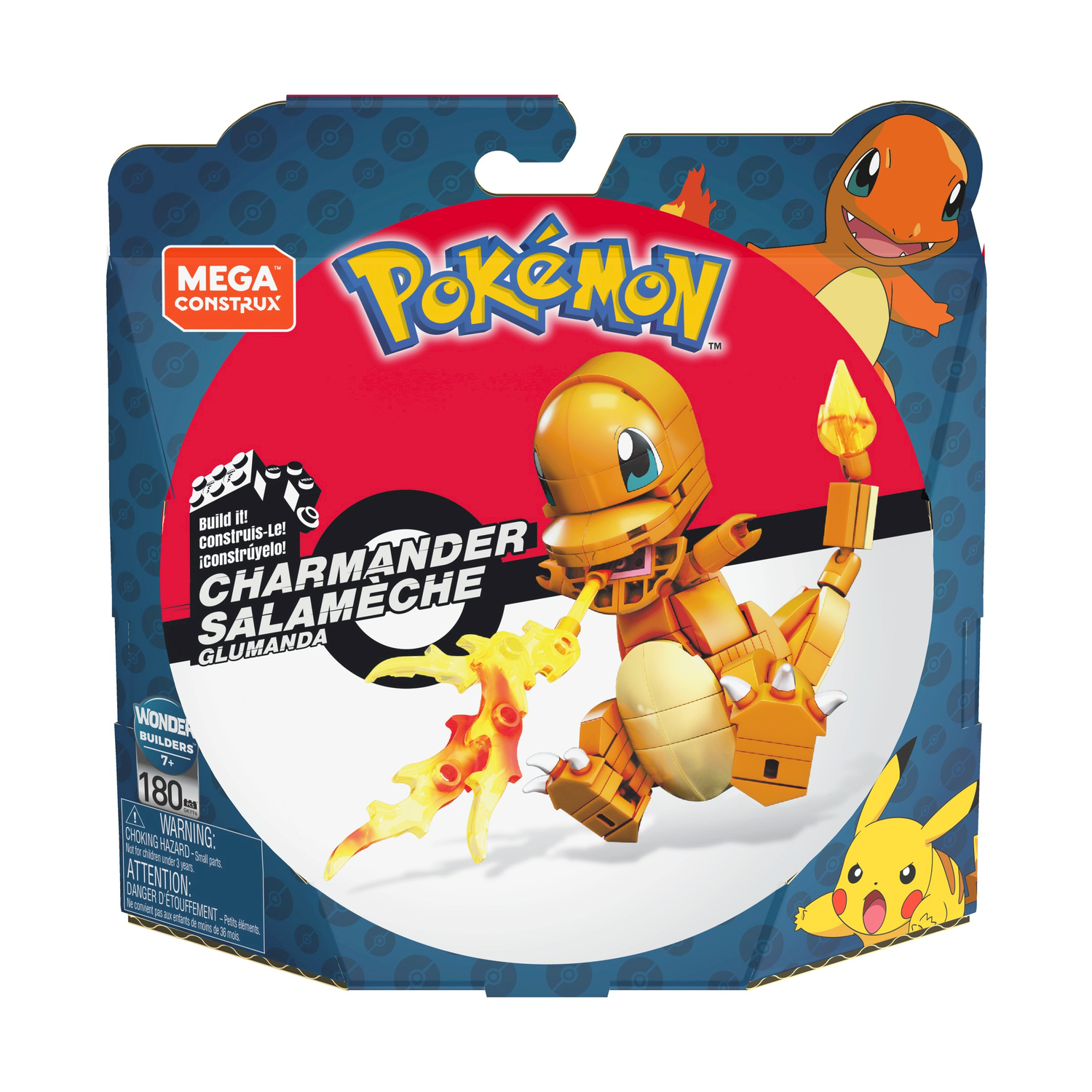 Set di costruzione di Charmander Pokémon in una scatola. Include una figura di Charmander e Pikachu.