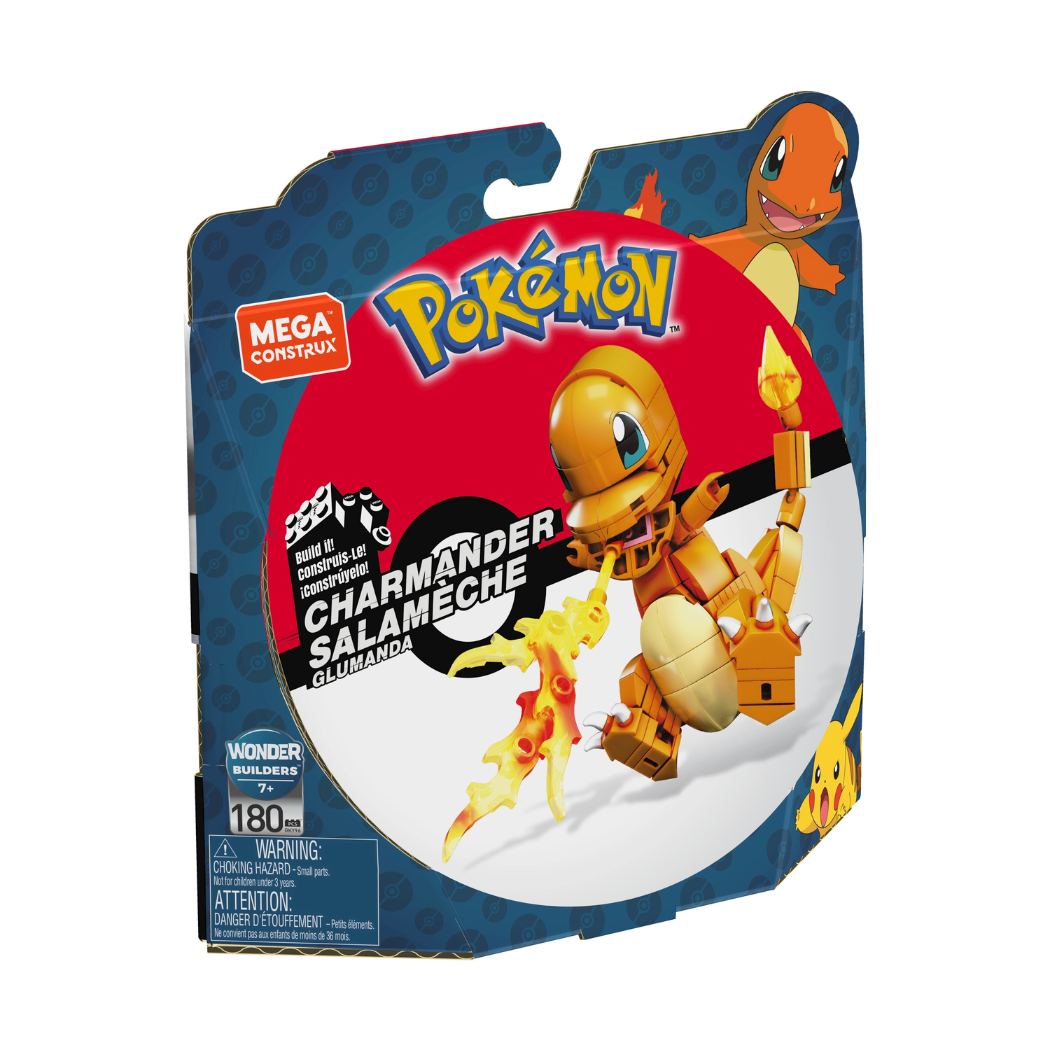 Una confezione di giocattoli Pokémon con una figura di Charmander costruibile e il logo Pokémon.