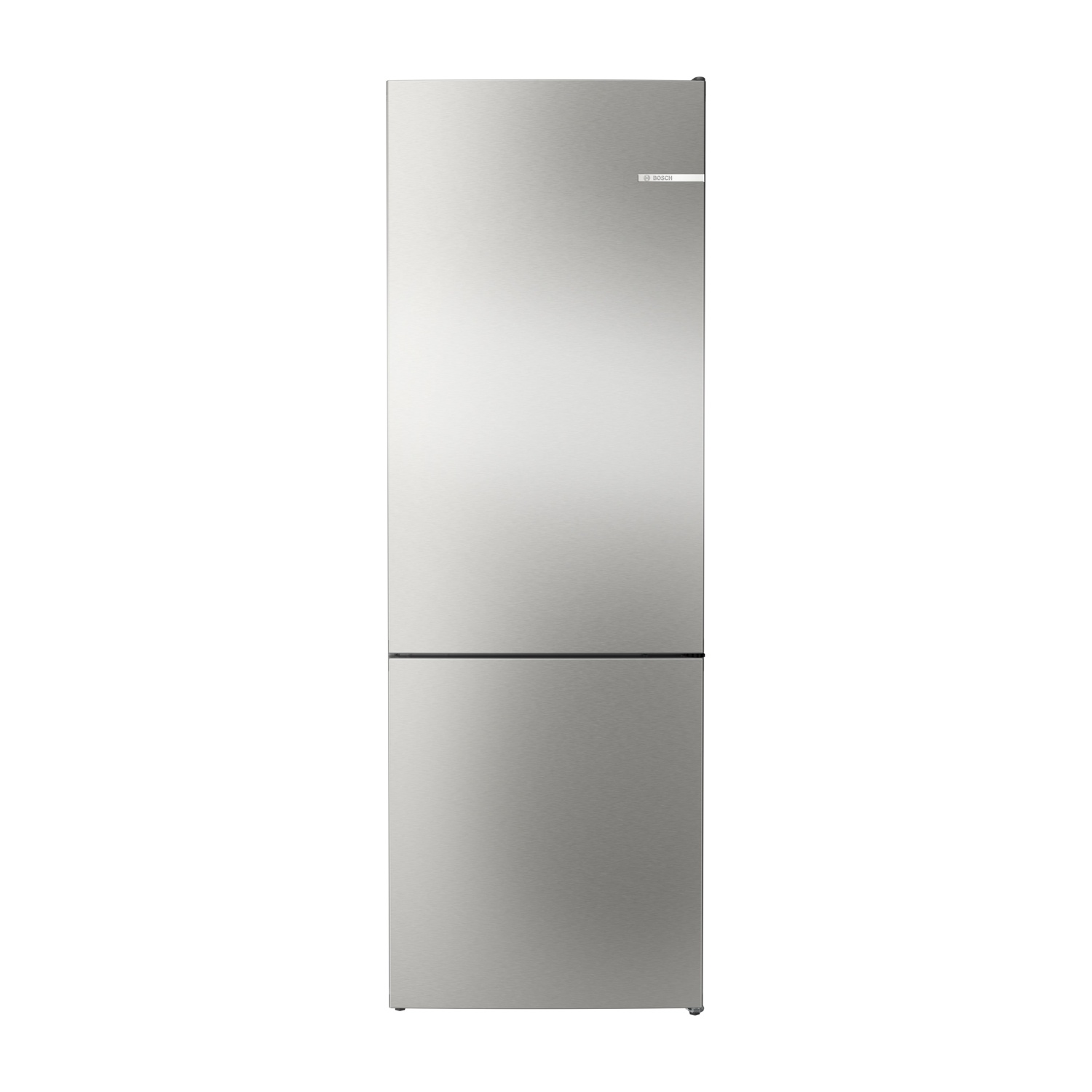 Frigorifero in acciaio inossidabile a due porte. Il logo Bosch è visibile sulla porta superiore.