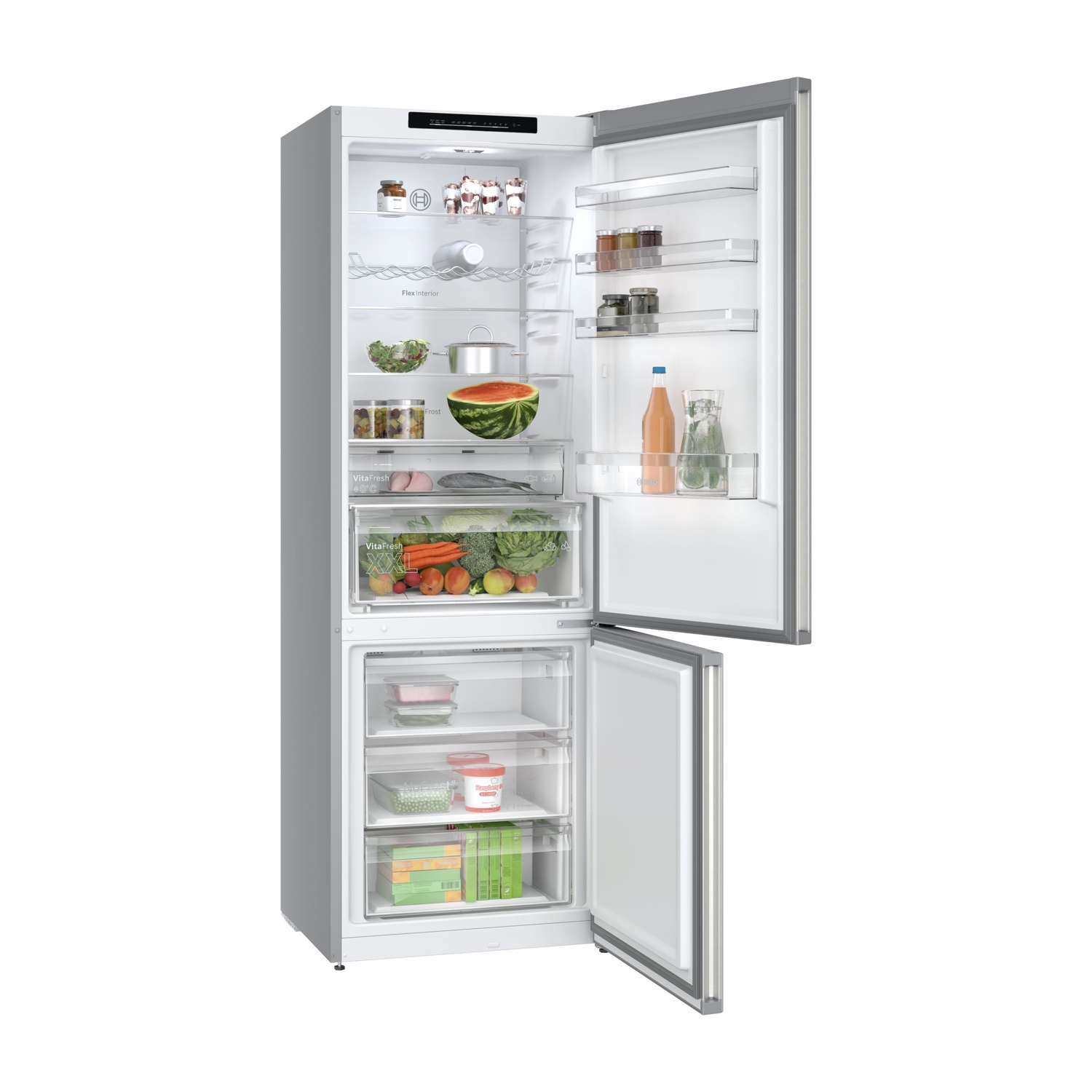 Frigorifero aperto con cibo all'interno. Include frutta, verdura e bevande.