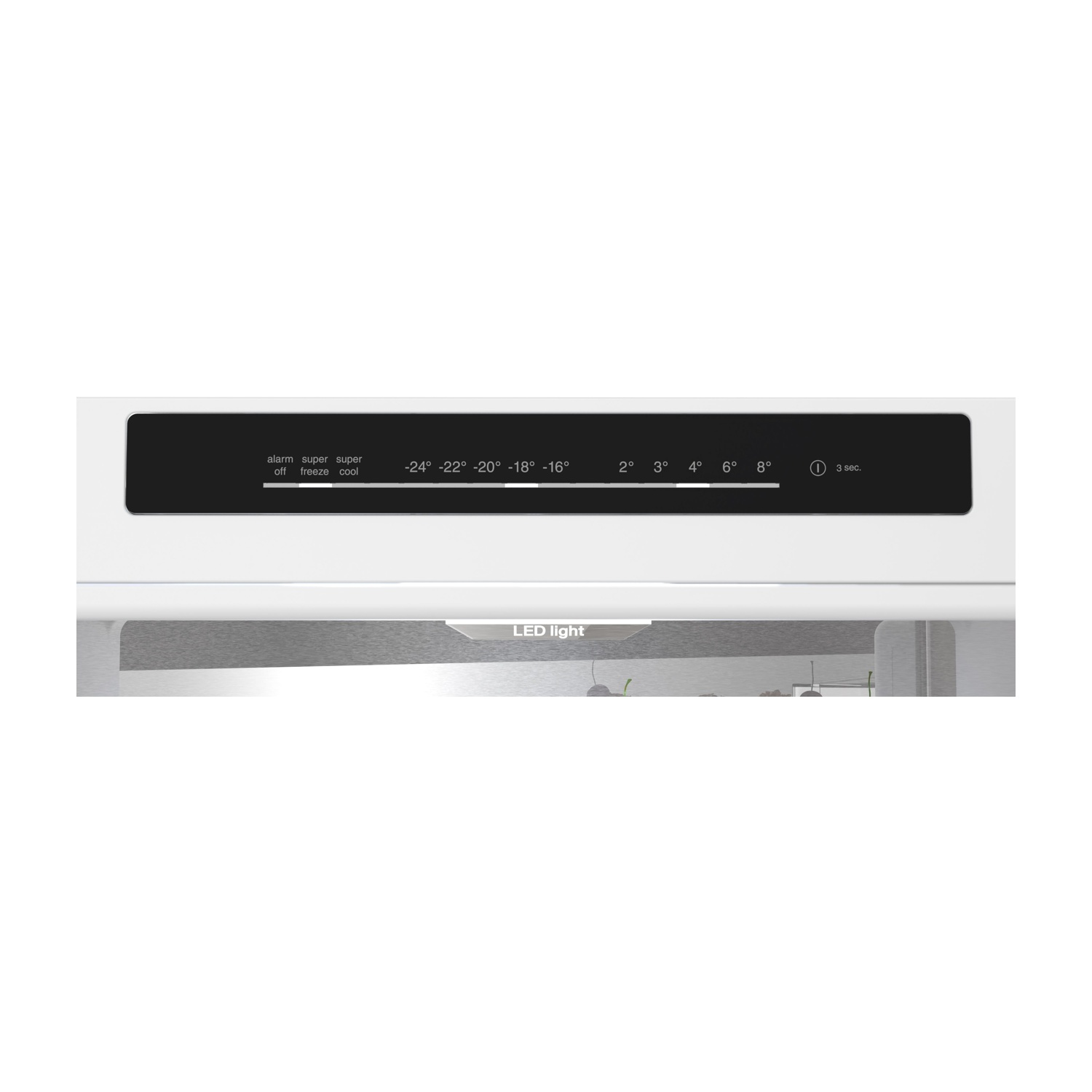 Pannello di controllo del frigorifero con impostazioni della temperatura e indicatore luminoso a LED. Sfondo bianco.