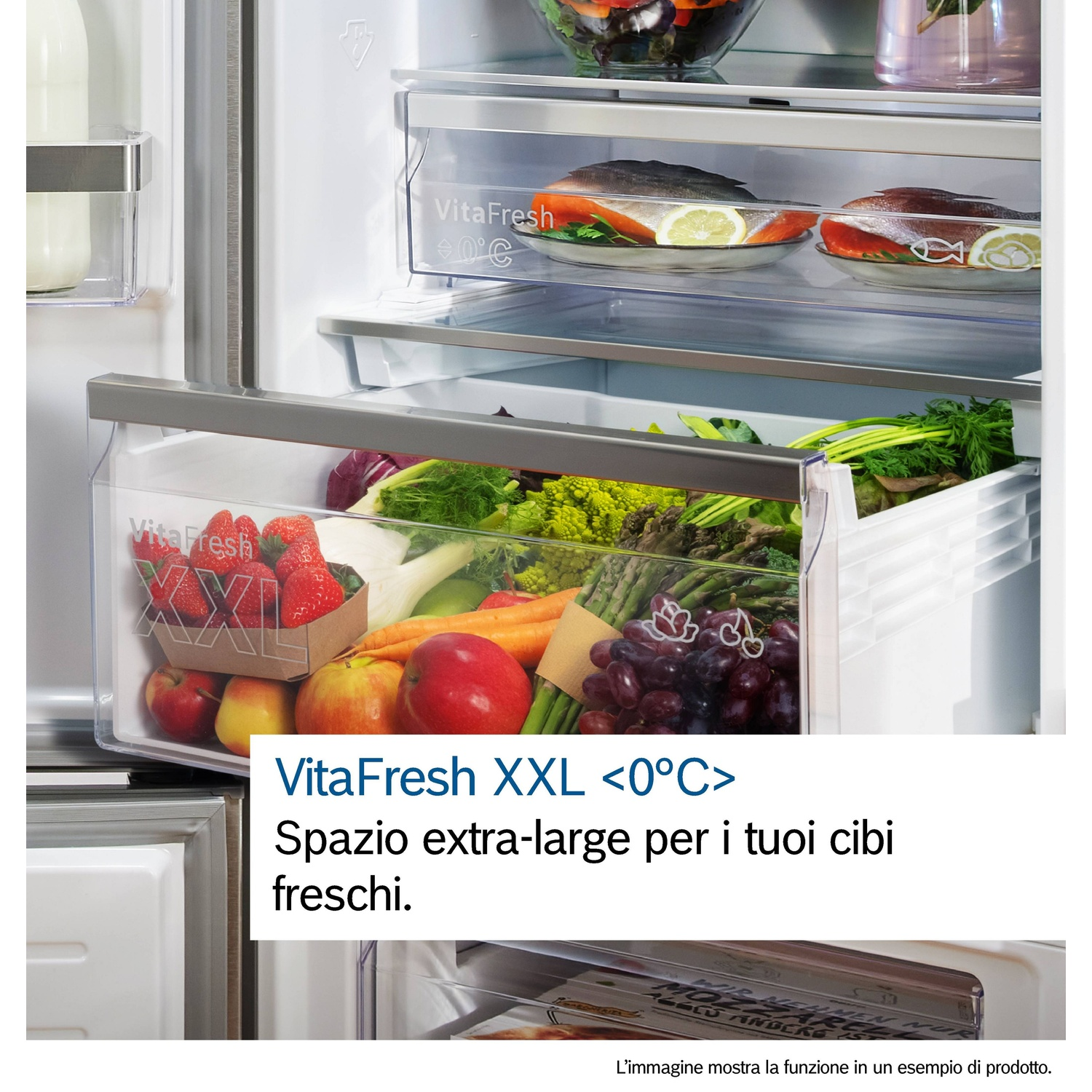 Interno del frigorifero con prodotti freschi nei cassetti. Contiene frutta, verdura e alimenti confezionati.