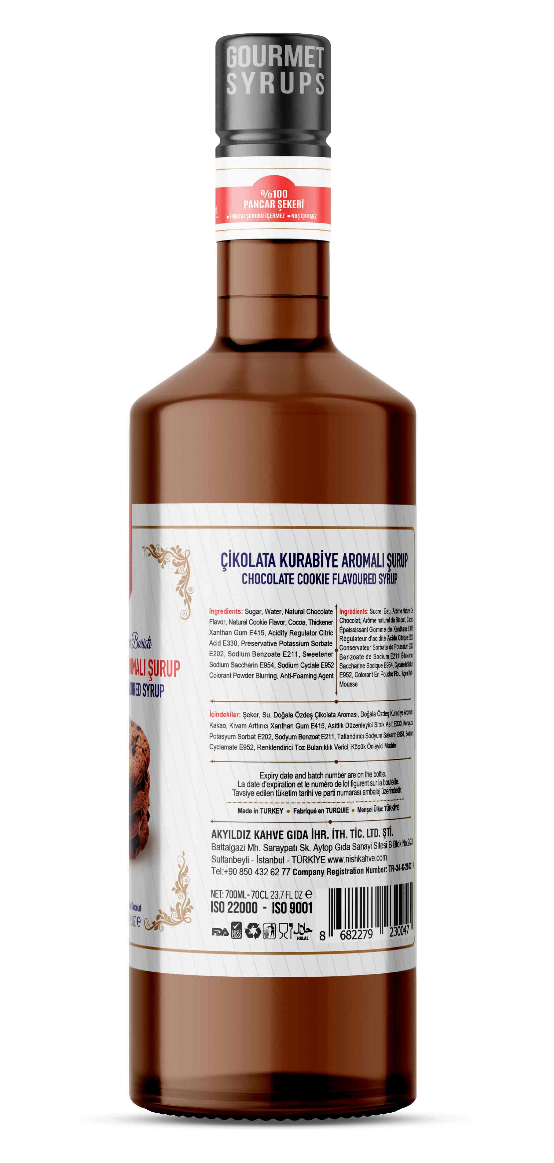 Çikolatalı kurabiye aromalı şurup şişesi.