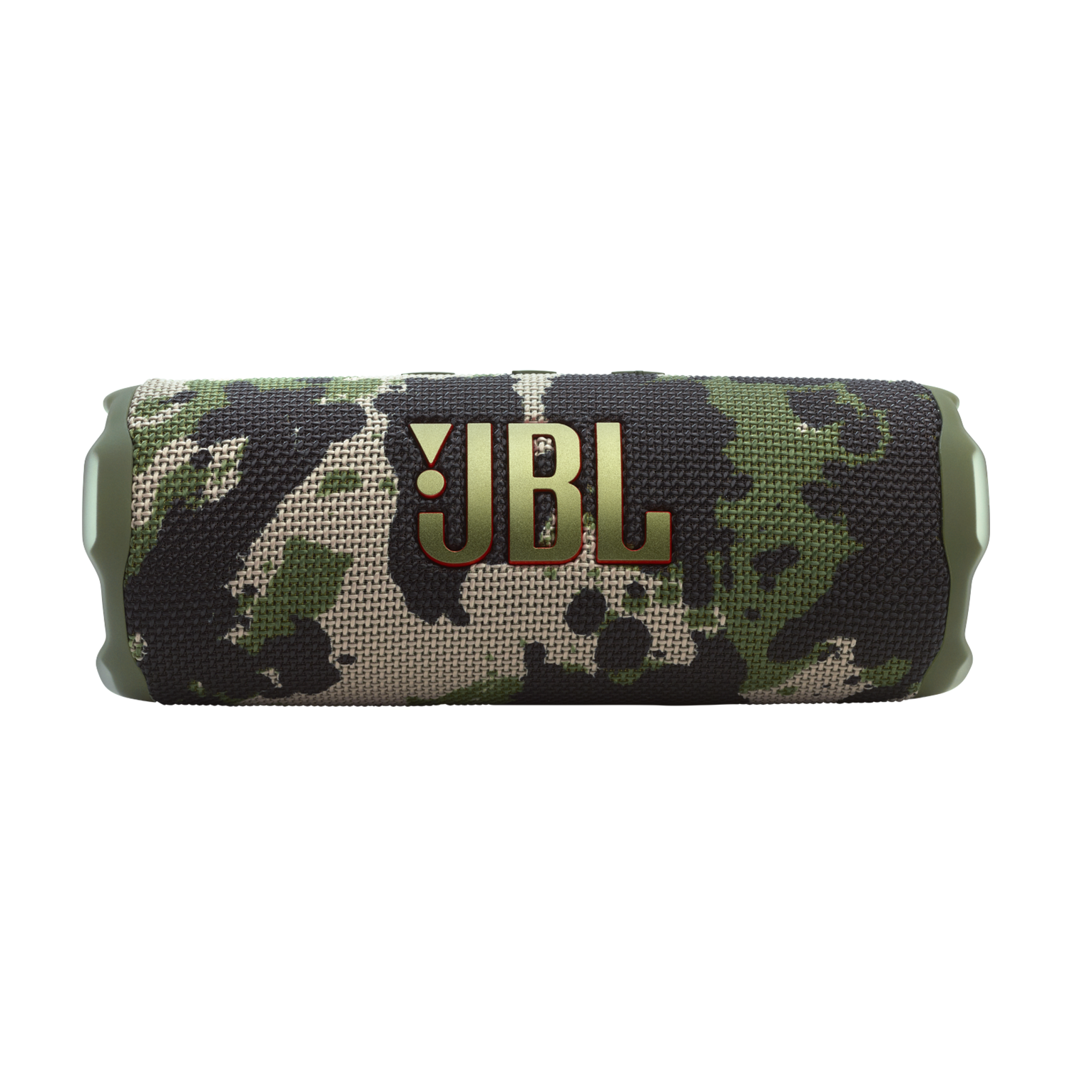 Haut-parleur portable camouflage, logo JBL visible, fond noir.