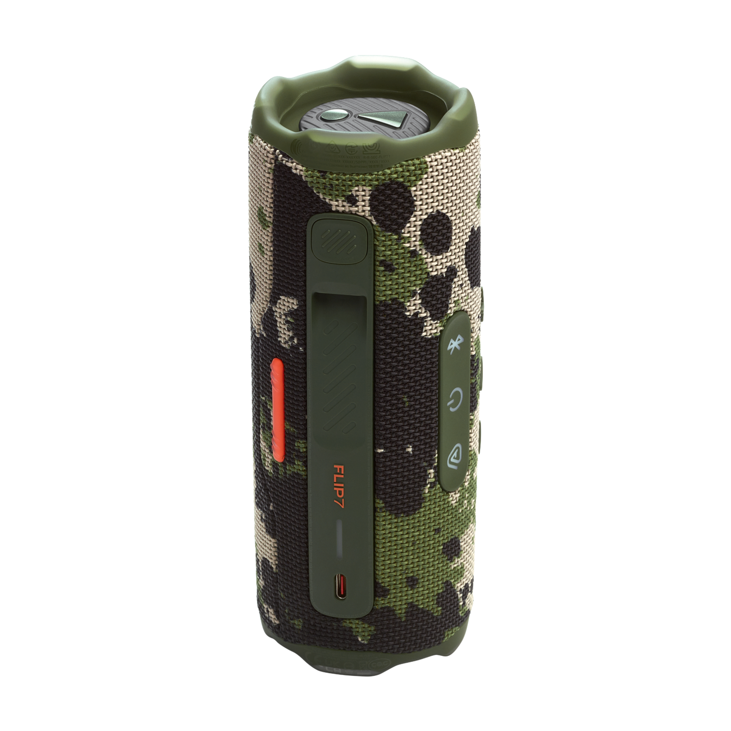 Un haut-parleur portable JBL Flip 7 à motif camouflage sur fond noir.