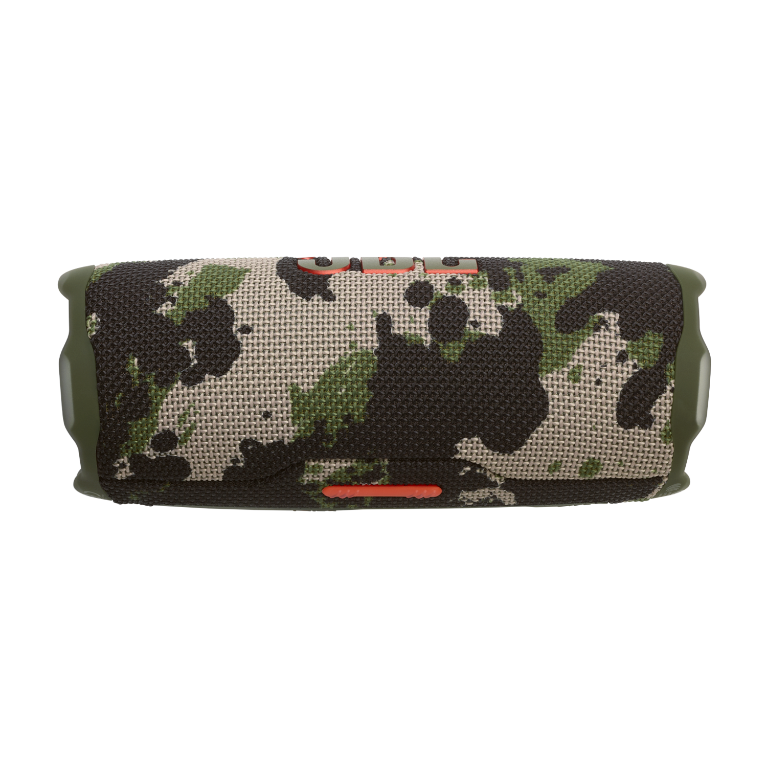 Haut-parleur camouflage avec des accents vert olive, sur fond sombre.