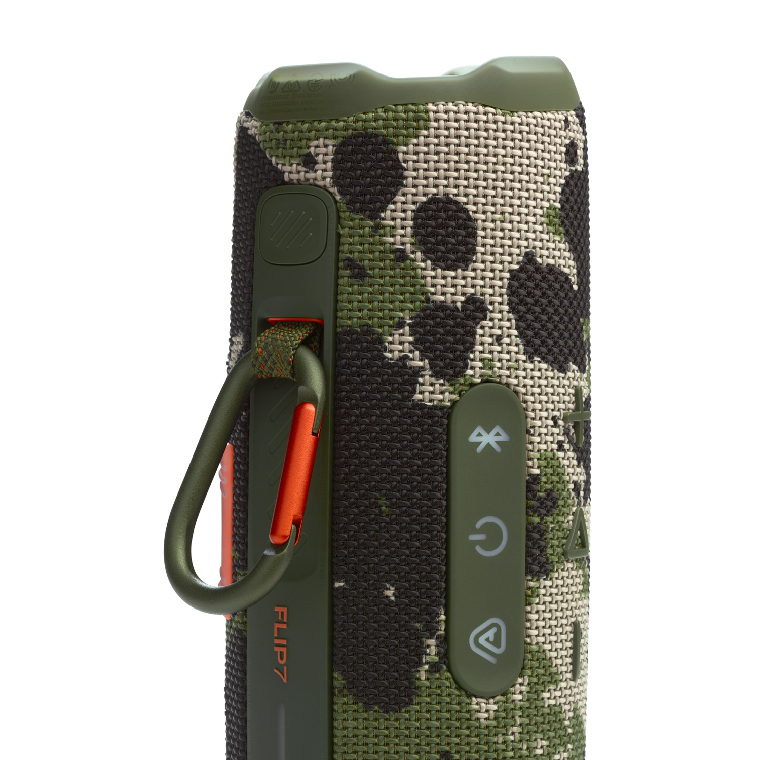 Enceinte camouflage avec boutons et mousqueton. L'enceinte est cylindrique.