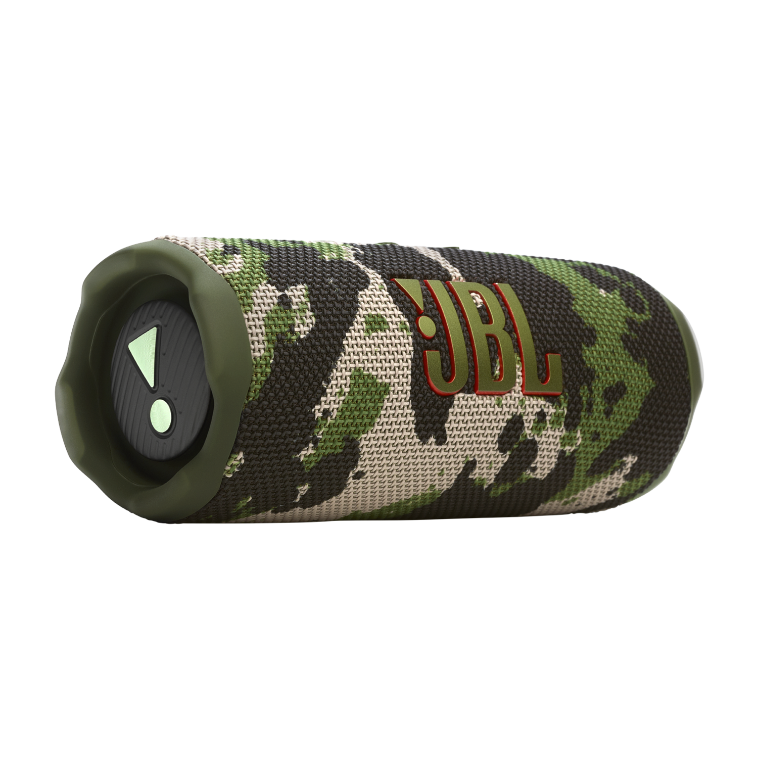 Enceinte JBL camouflage, vert et marron, extrémité noire avec bouton.