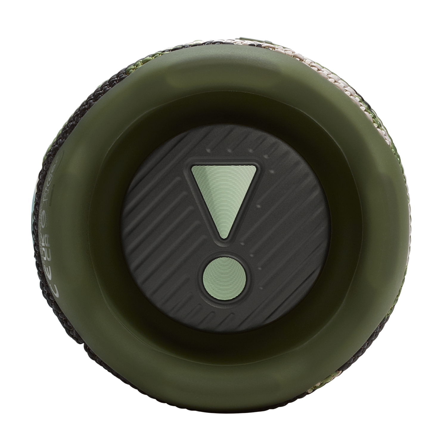 Haut-parleur vert camouflage. Le dessus a un triangle vert et un logo de point d'exclamation.