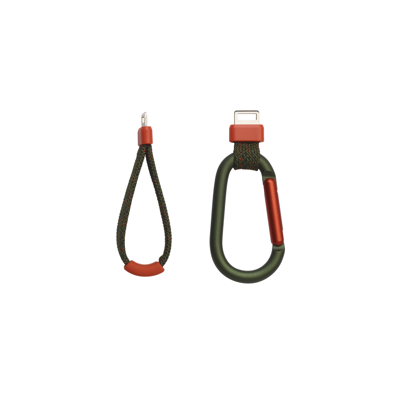 Deux breloques de téléphone rouges et noires. L'une est une boucle, l'autre un mousqueton.