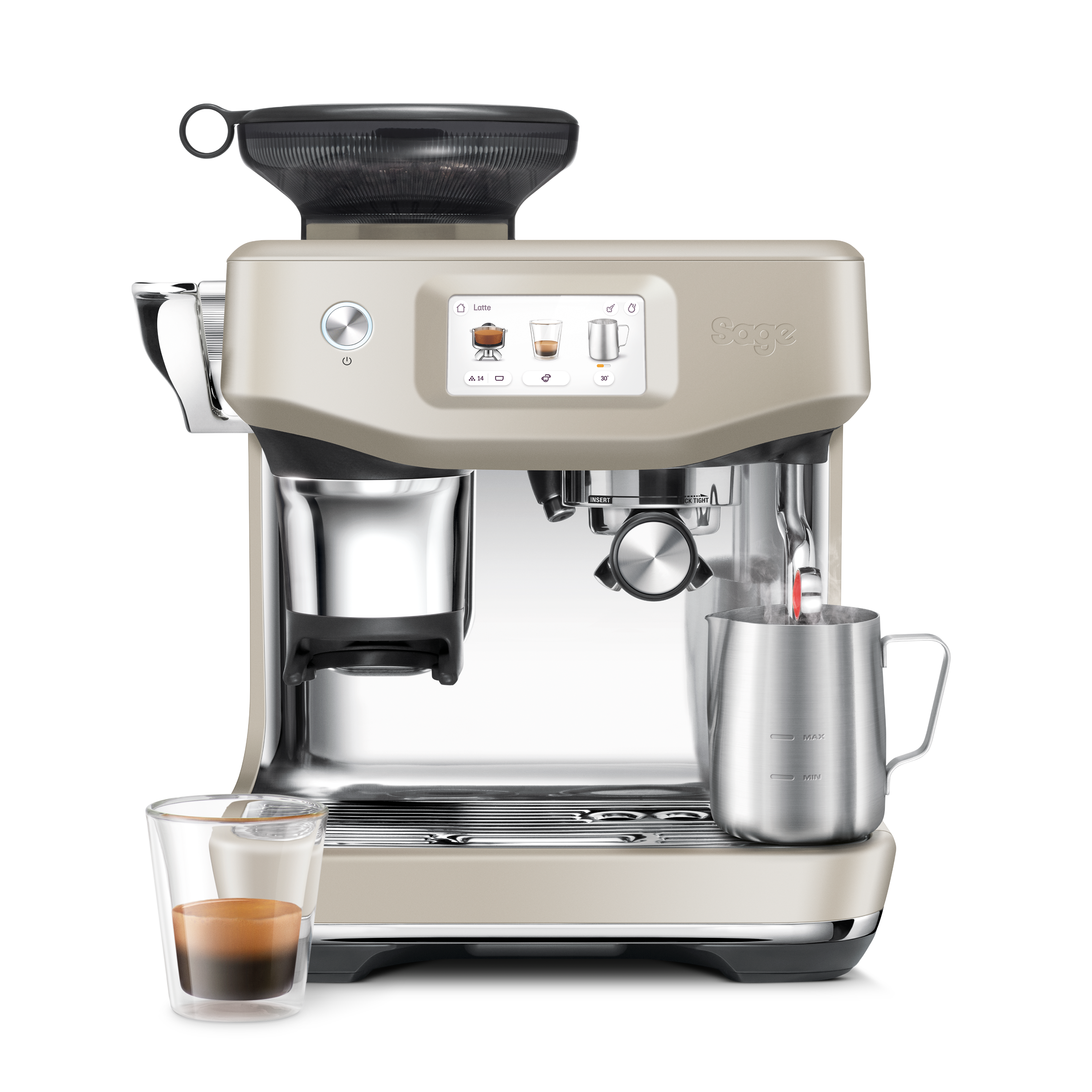Beige und silberne Espressomaschine mit Touchscreen, Tasse und Milchaufschäumer.